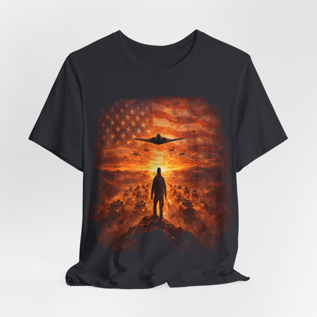 USA-Military Aviation T-Shirt — Bomber Silhouette with American Flag Sunset