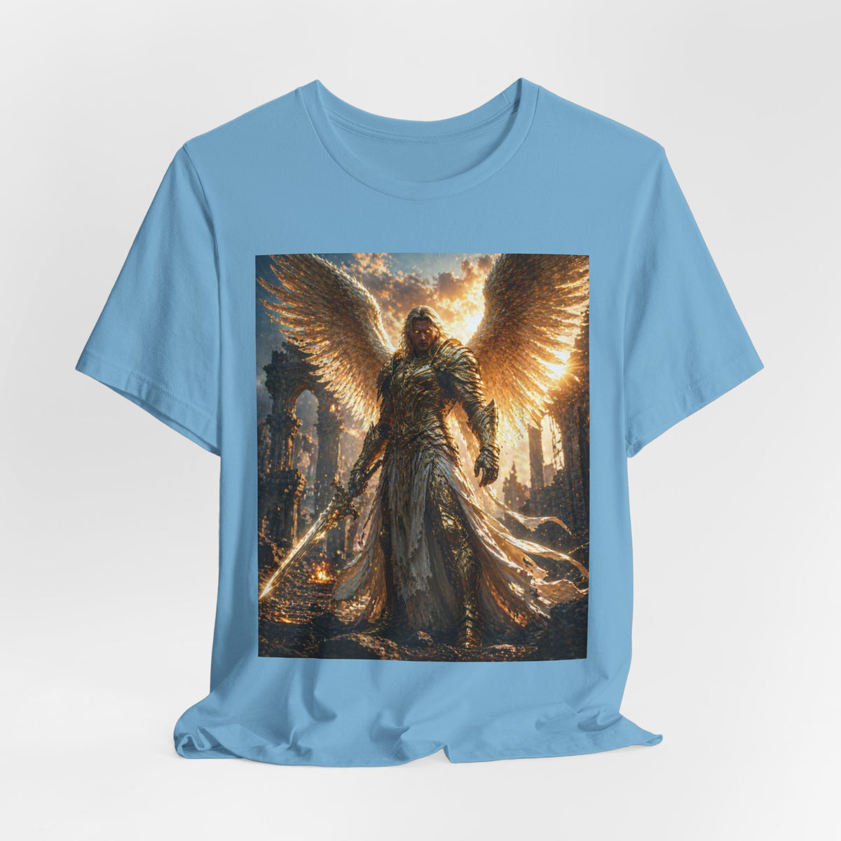 Angel Warrior Graphic Tee — Golden Archangel Battle Scene T-Shirt