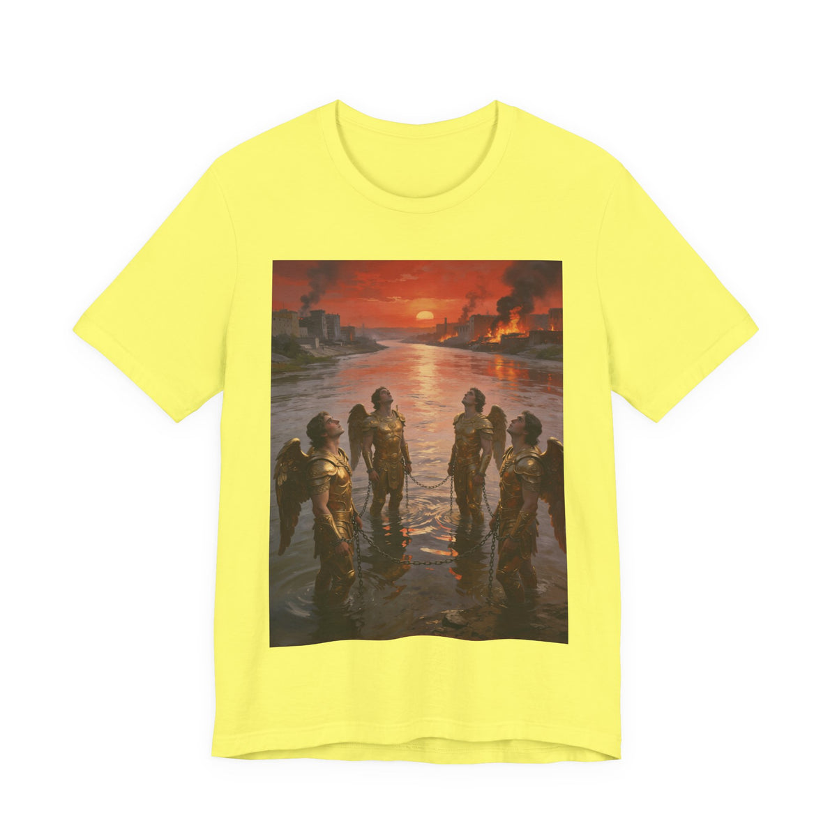 Revelation 9 reveals four fallen angels bound in the Euphrates River, awaiting God’s appointed time to bring judgment. T-Shirt