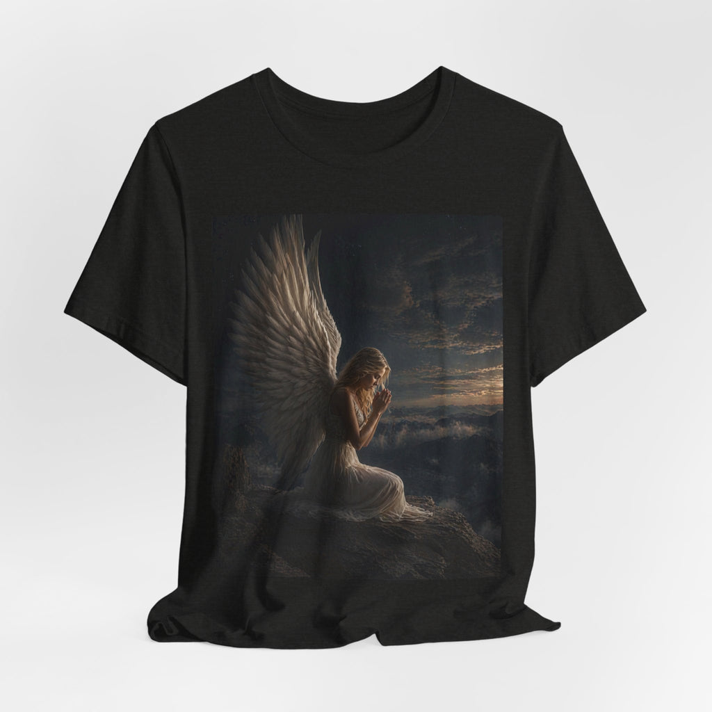 Angel Prayer Graphic Tee — Serene Winged Angel Shirt for Spiritual & Memorial Comfort