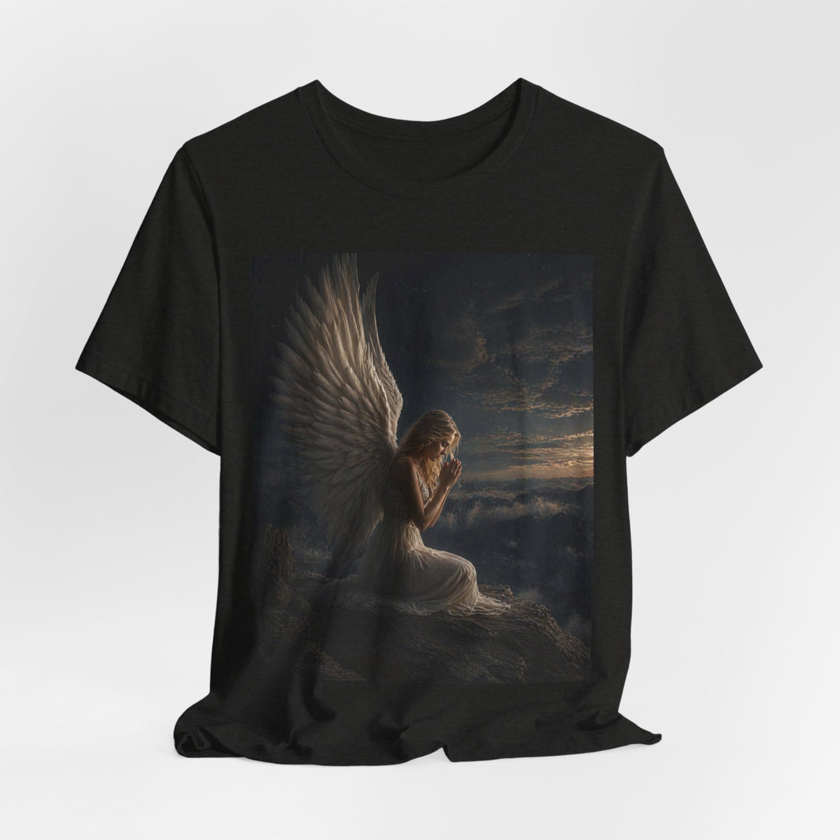 Angel Prayer Graphic Tee — Serene Winged Angel Shirt for Spiritual & Memorial Comfort