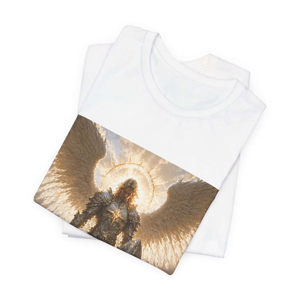 Archangel Warrior Graphic Tee — Golden Angel with Sword & Shield