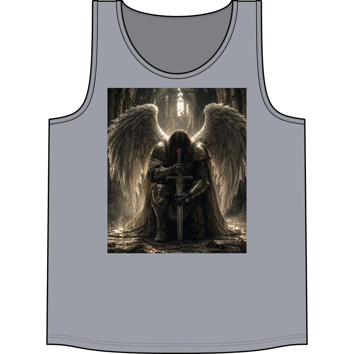 Gothic Angel Tank Top – Kneeling Warrior Angel with Sword Graphic