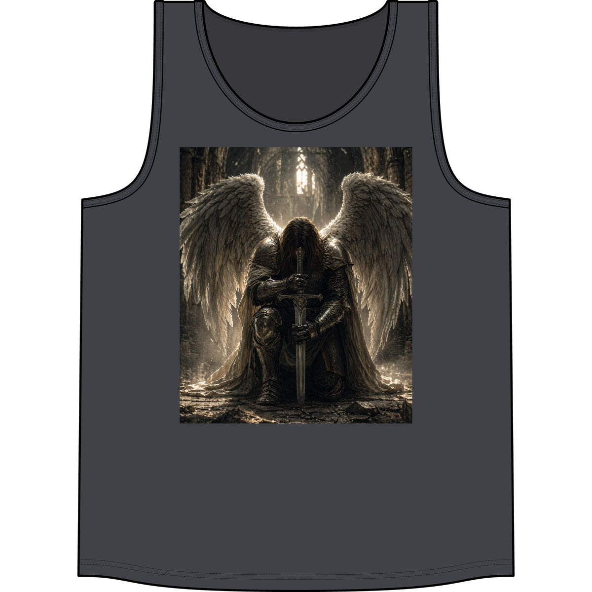 Gothic Angel Tank Top – Kneeling Warrior Angel with Sword Graphic