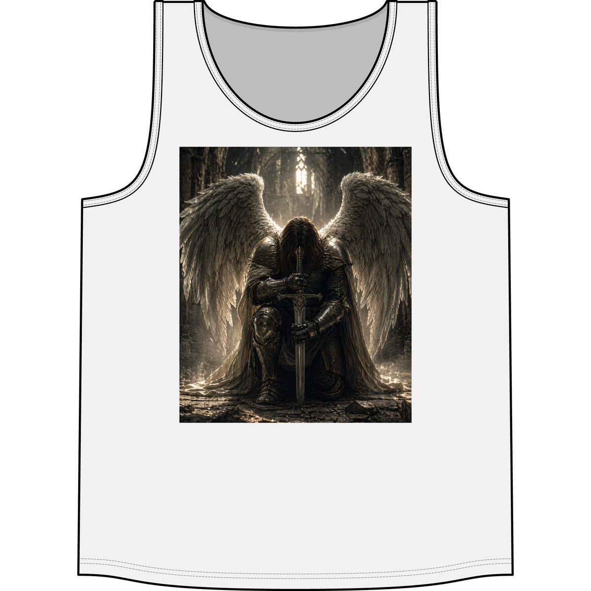 Gothic Angel Tank Top – Kneeling Warrior Angel with Sword Graphic