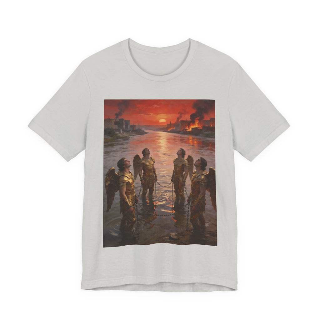 Revelation 9 reveals four fallen angels bound in the Euphrates River, awaiting God’s appointed time to bring judgment. T-Shirt