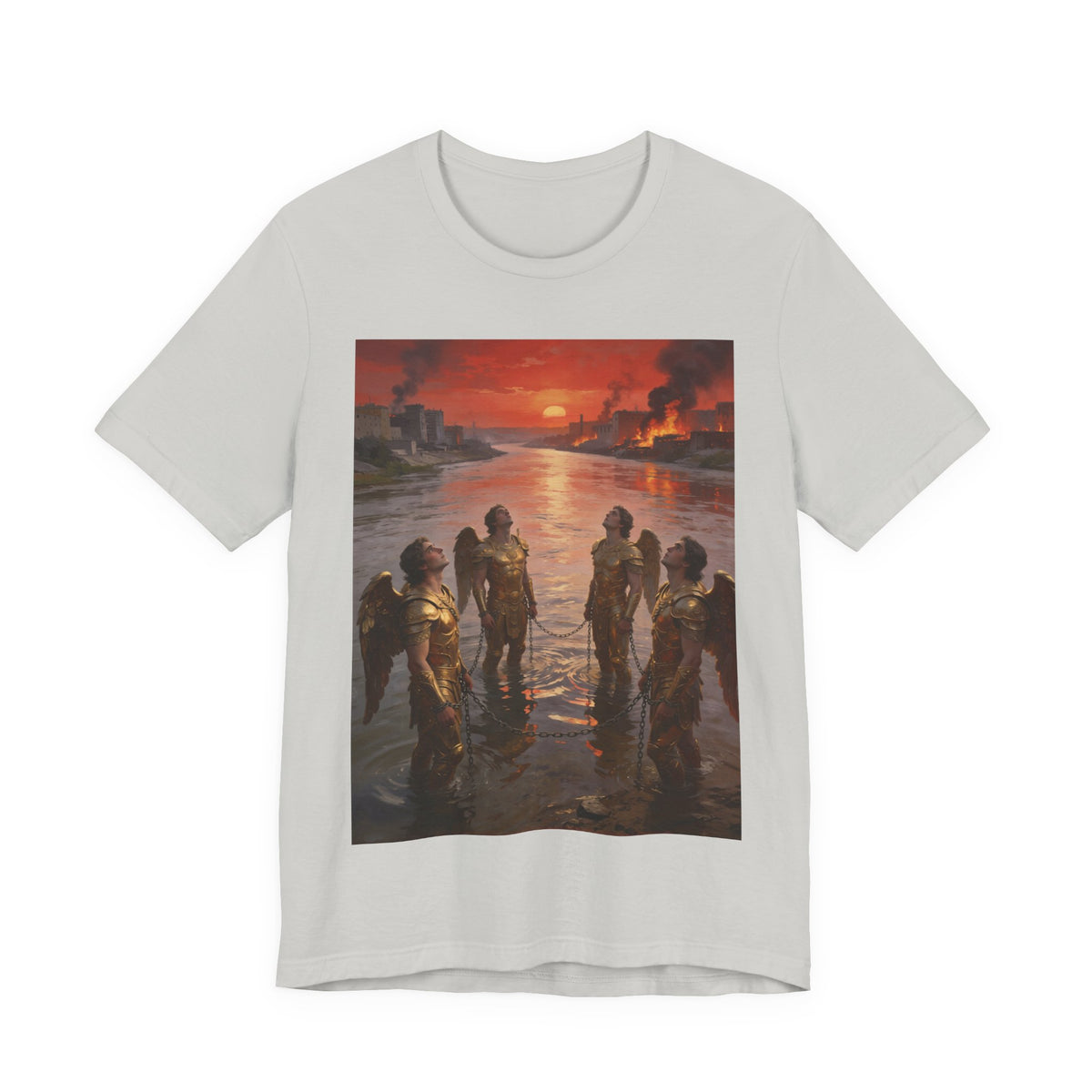Revelation 9 reveals four fallen angels bound in the Euphrates River, awaiting God’s appointed time to bring judgment. T-Shirt