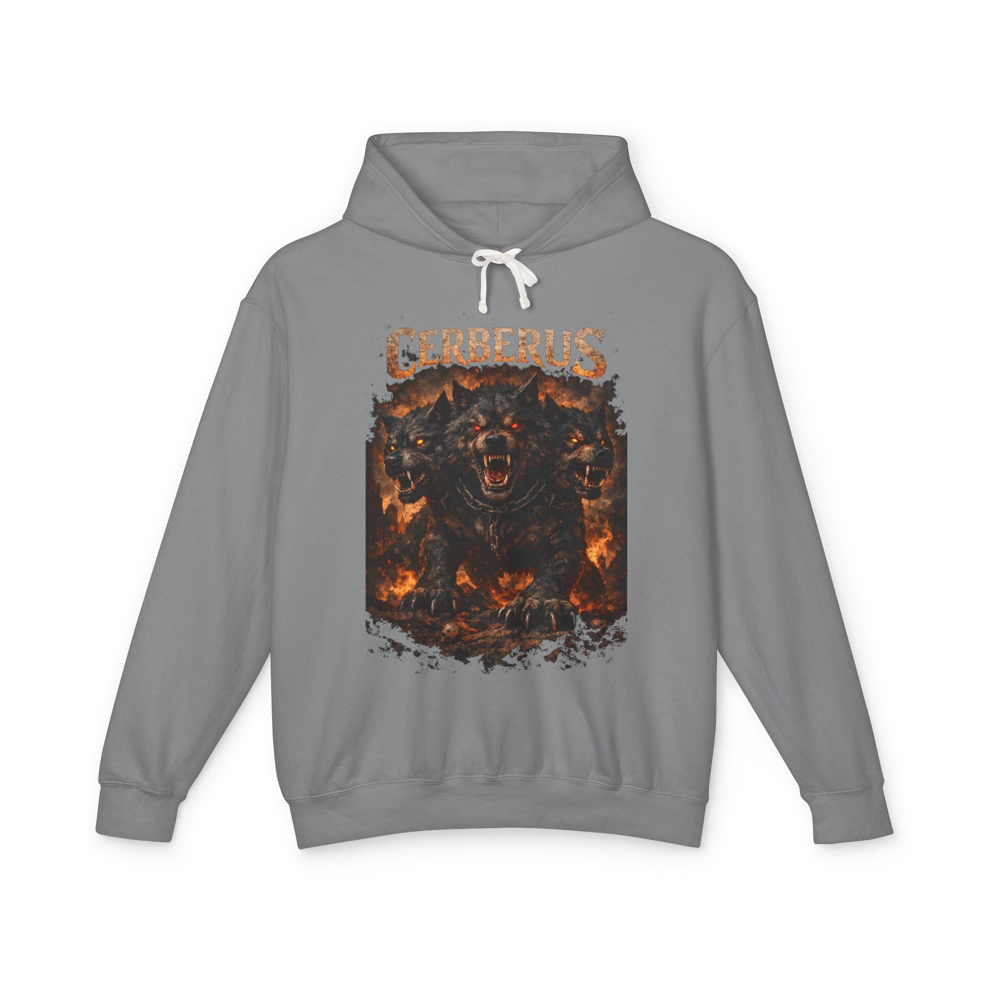 Cerberus Flames Hoodie — Mythical Three-Headed Dog Graphic Sweatshirt