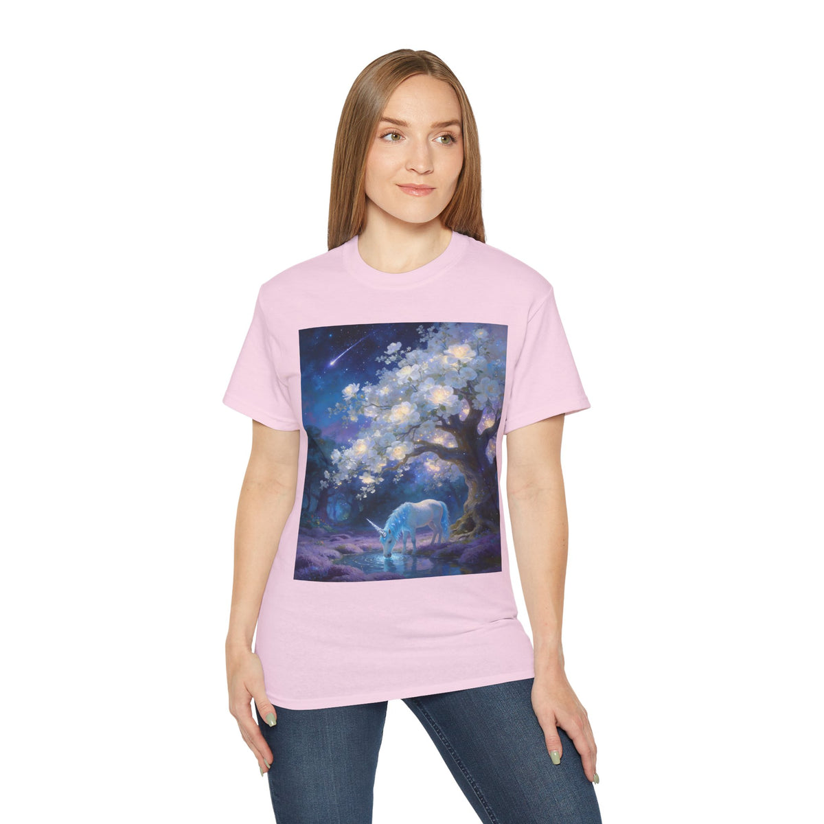 Unicorn Mystic Night Sheep Cotton Tee — Dreamy Moonlit Tree Art T-Shirt