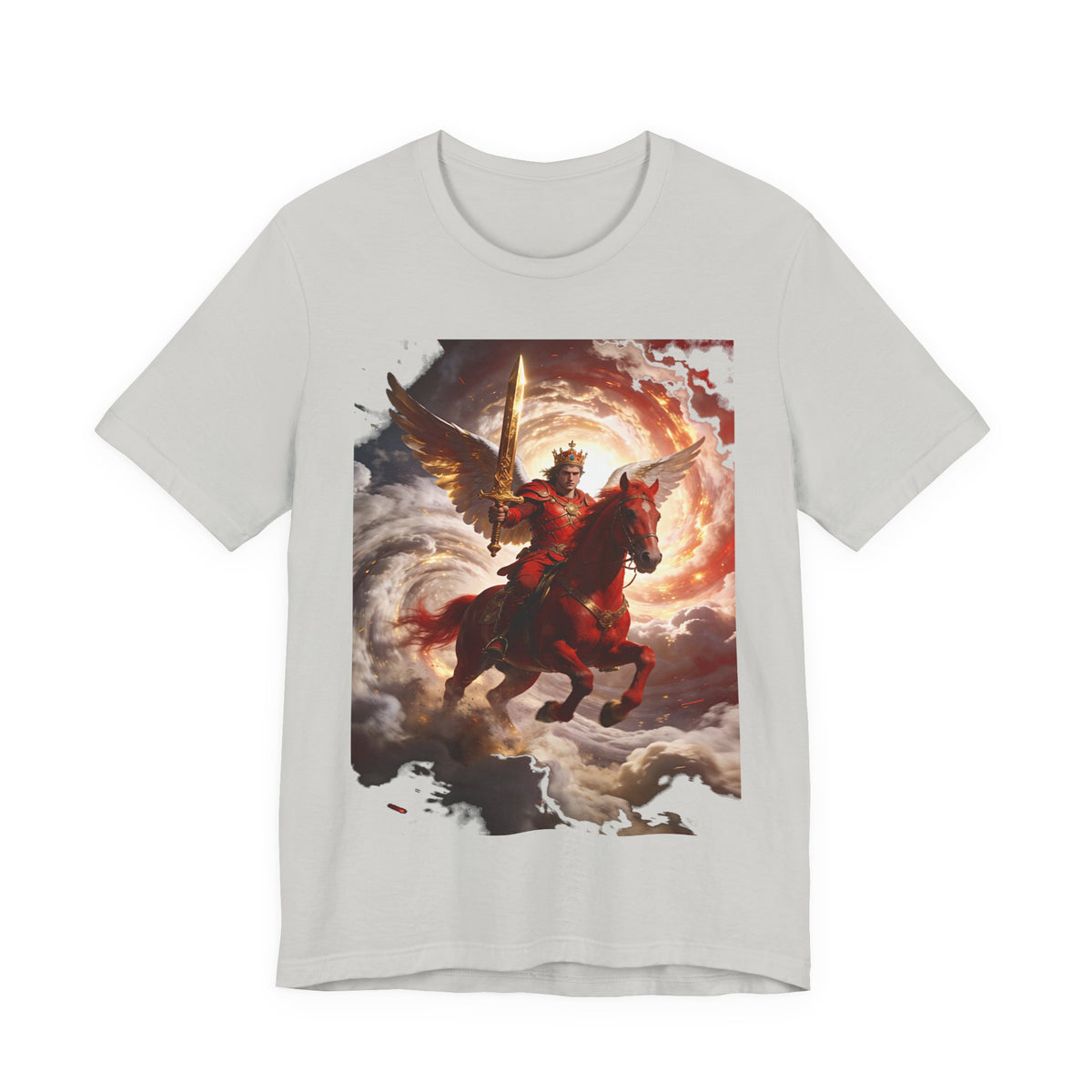 The red horse from Revelation 6:3-4-Winged Knight Riding Red Horse Graphic Tee — Warrior T-Shirt