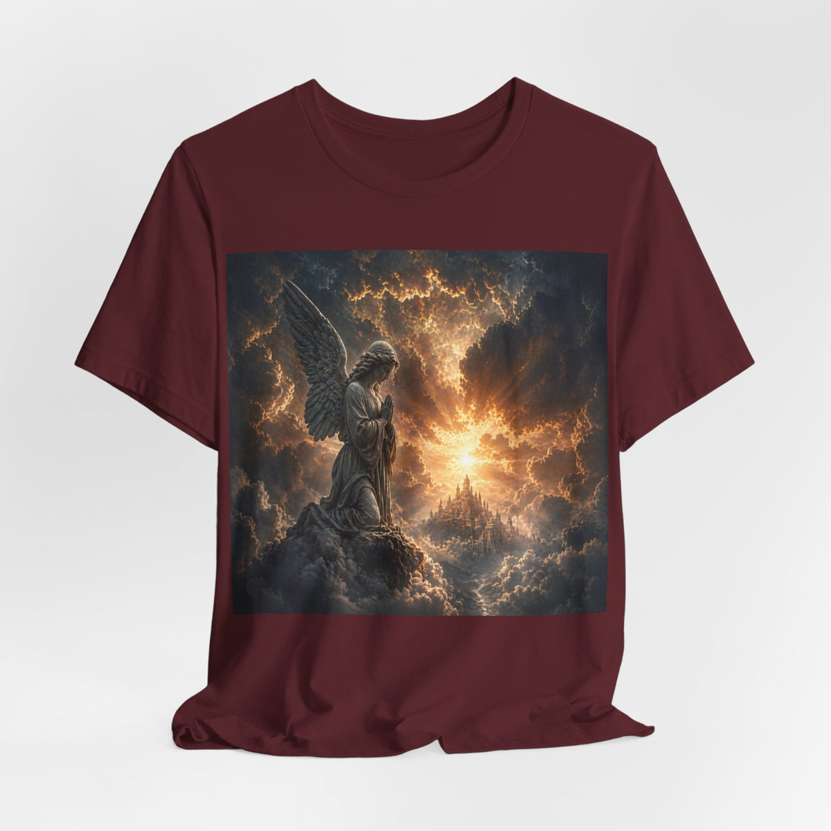 Angel in Storm Graphic Tee — Dramatic Celestial Art T-Shirt