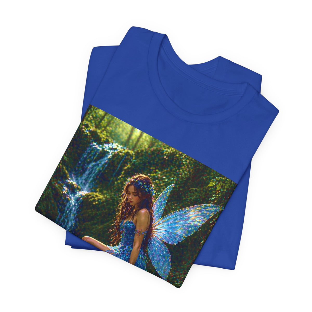 Fairy Forest T-Shirt — Enchanted Blue Fairy Sitting by Waterfall