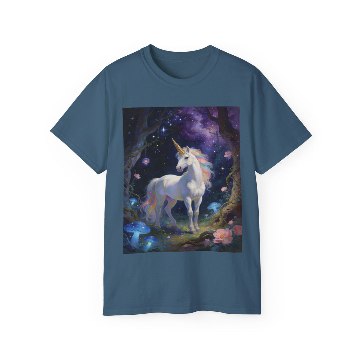 Unicorn Fantasy Cotton T‑Shirt — Enchanted Night Forest Graphic Tee