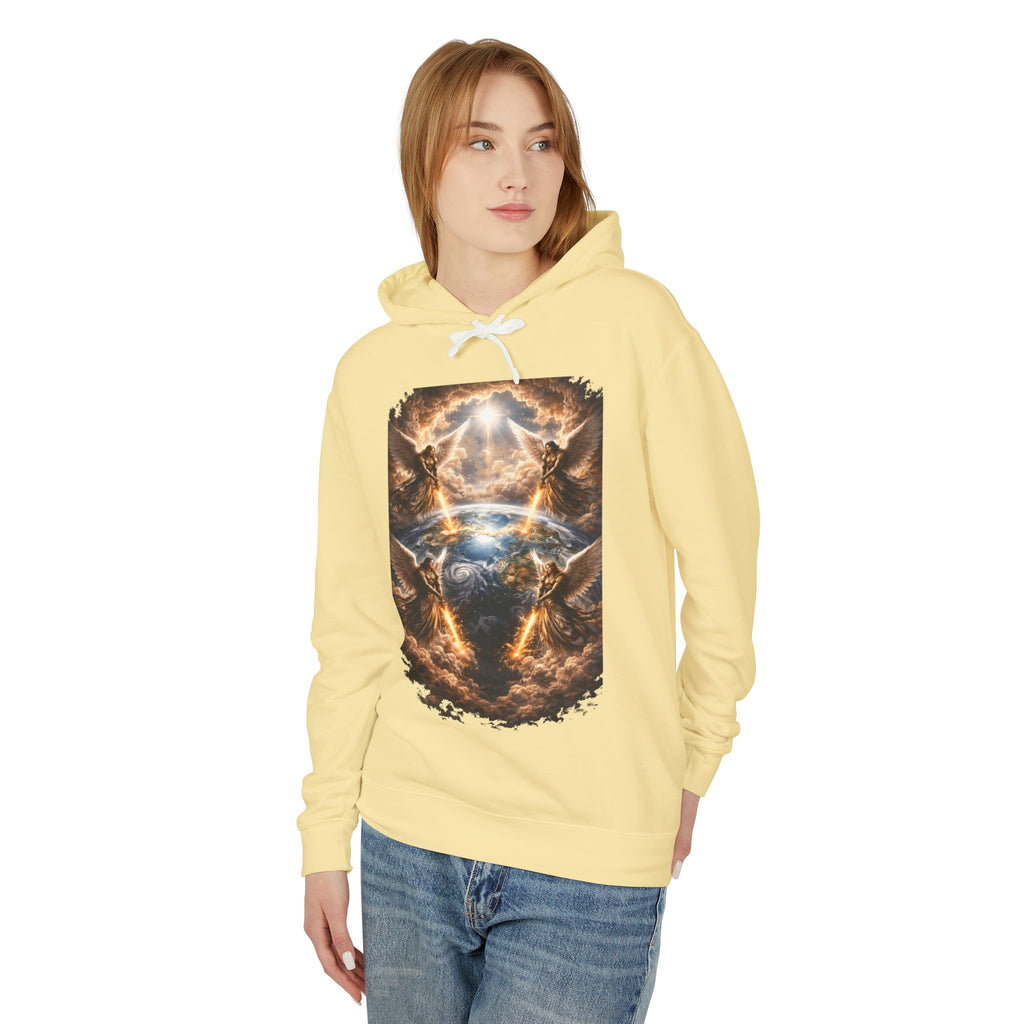 Revelation 7:1 Four angels standing on the four corners of the earth as seen from heaven Apocalyptic Earth Graphic Hoodie — Cosmic Storms, Lightning & Angelic Light