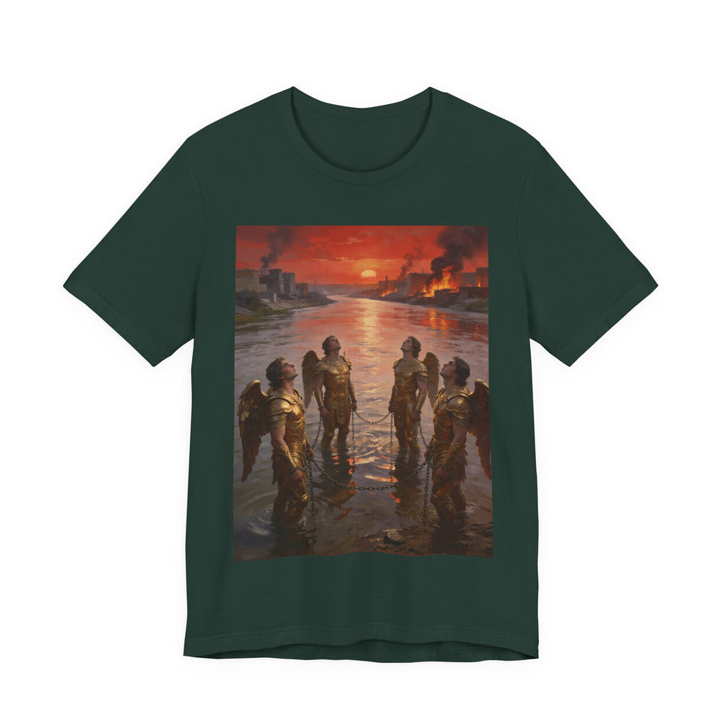Revelation 9 reveals four fallen angels bound in the Euphrates River, awaiting God’s appointed time to bring judgment. T-Shirt