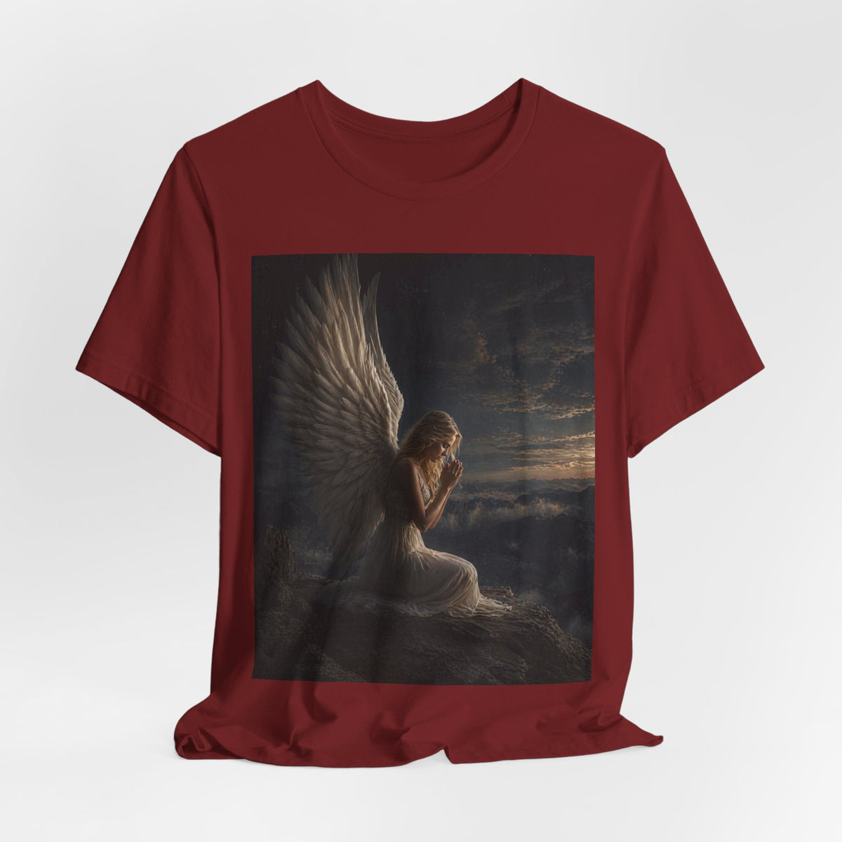 Angel Prayer Graphic Tee — Serene Winged Angel Shirt for Spiritual & Memorial Comfort