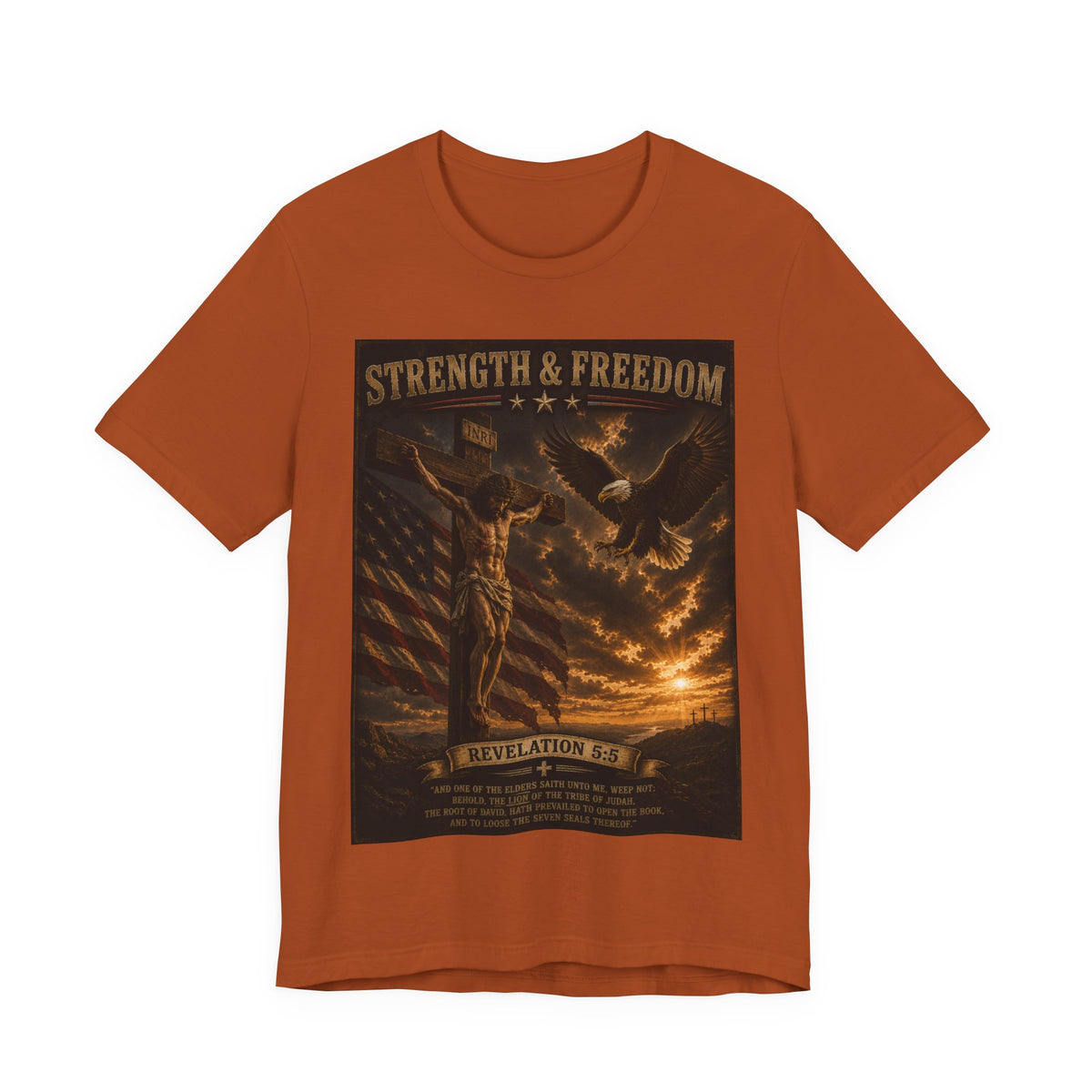Strength & Freedom Christian T‑Shirt – Revelation 12:11 Eagle & Cross Faith Tee