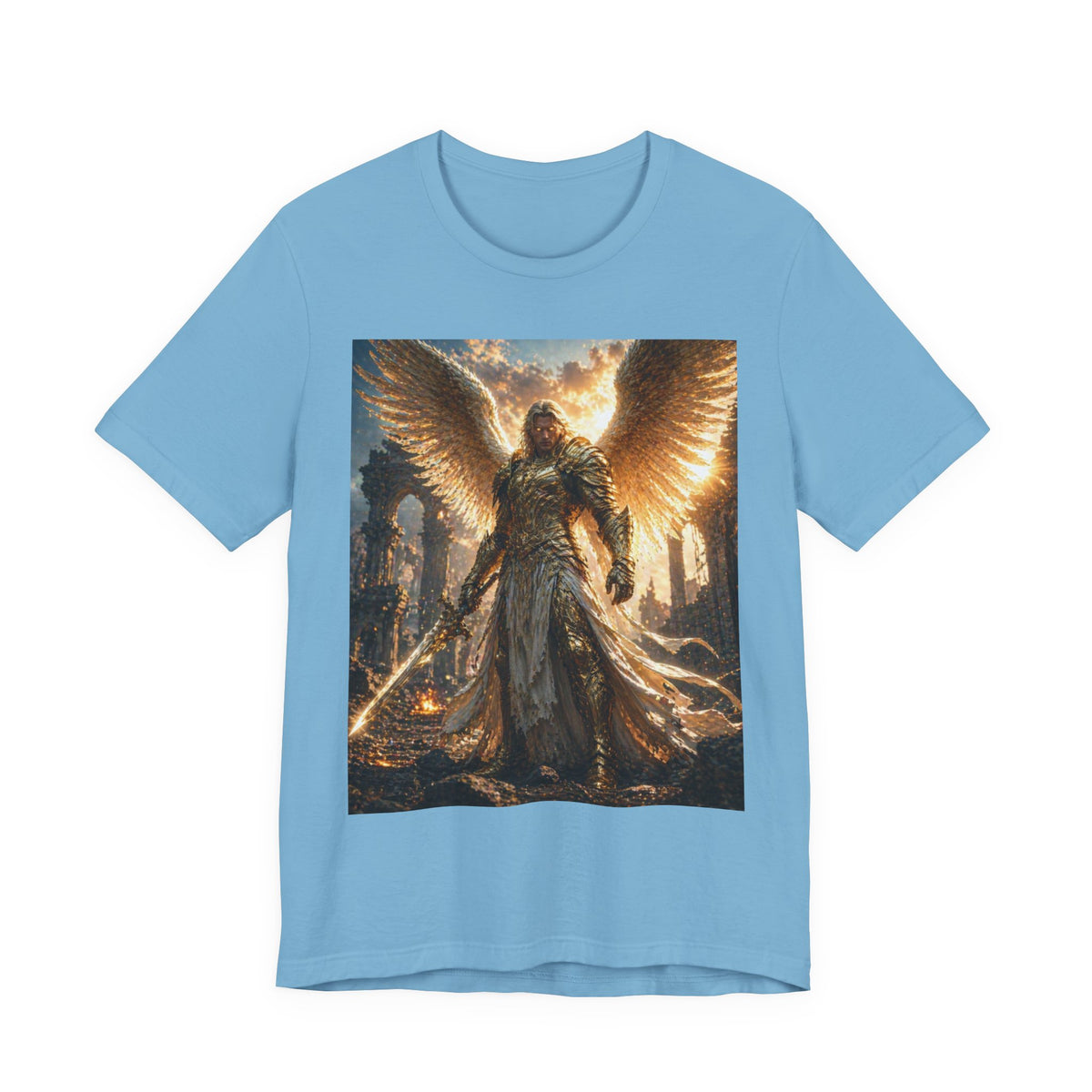 Angel Warrior Graphic Tee — Golden Archangel Battle Scene T-Shirt