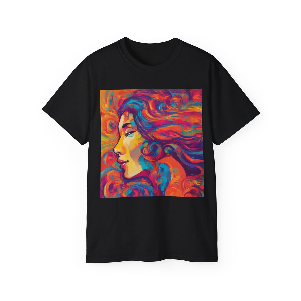 Psychedelic Woman Portrait cotton Tee — Vibrant Colorful Art T-Shirt