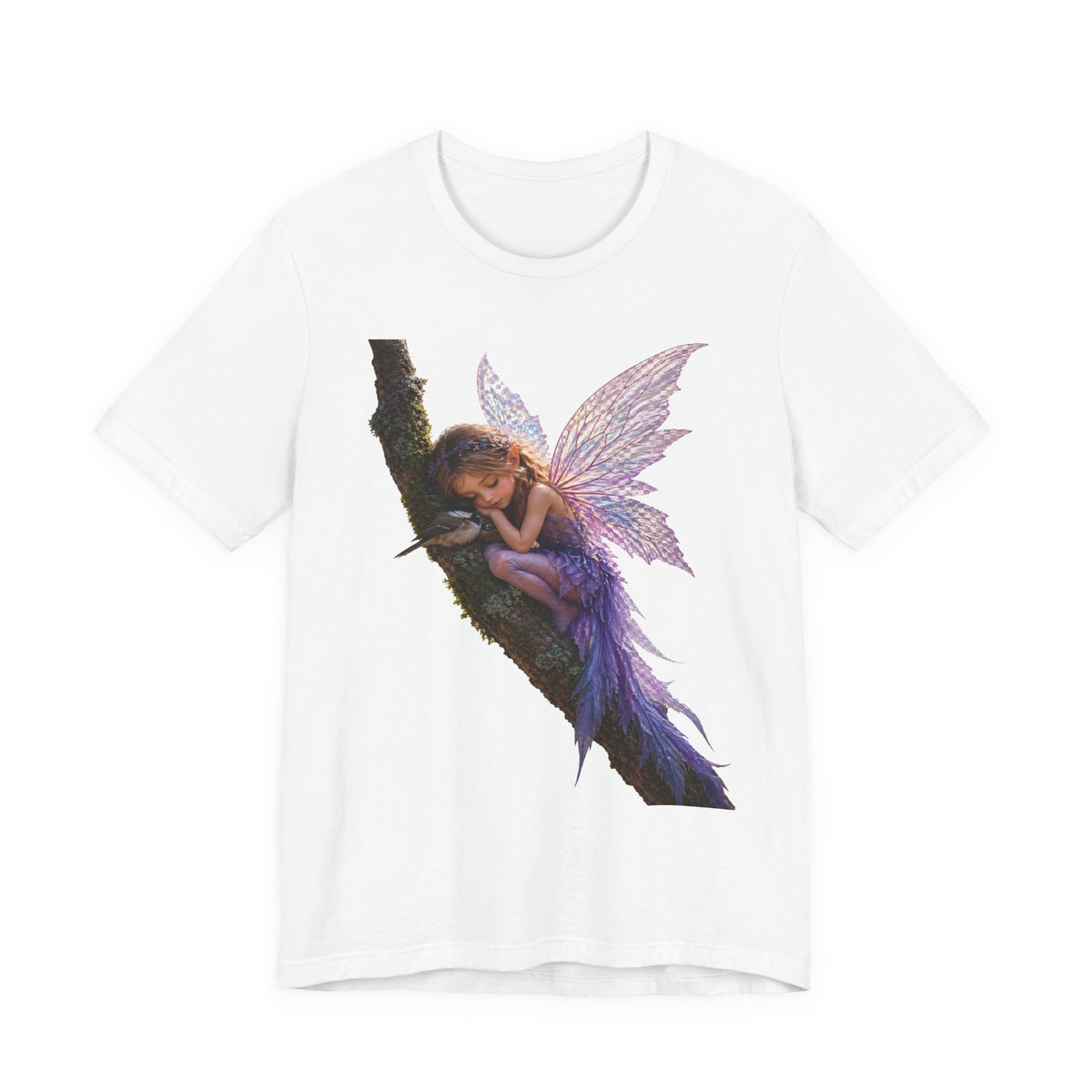 Fairy Sleeping on Branch T-Shirt — Magical Purple Fairy Tee for Women & Girls
