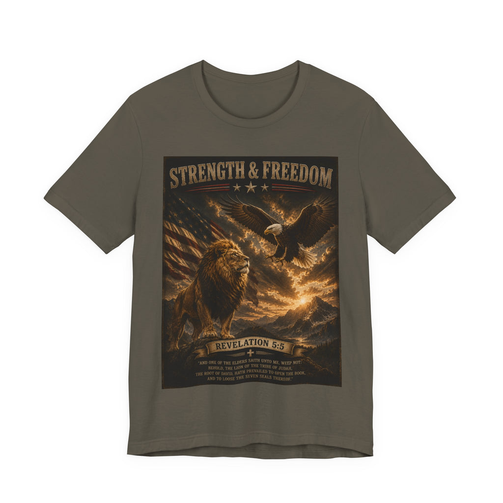 Strength & Freedom Christian Lion Tee – Revelation 5:5 Inspirational Graphic T-Shirt