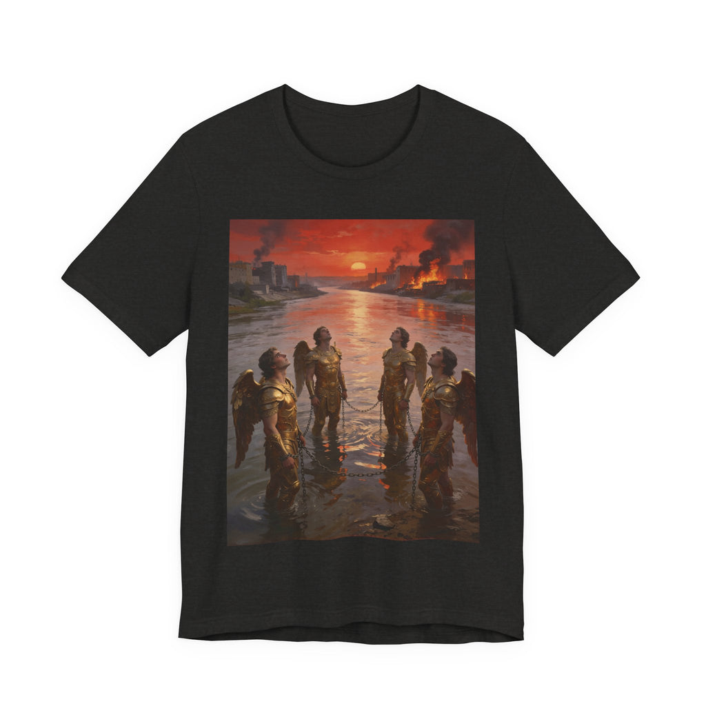Revelation 9 reveals four fallen angels bound in the Euphrates River, awaiting God’s appointed time to bring judgment. T-Shirt