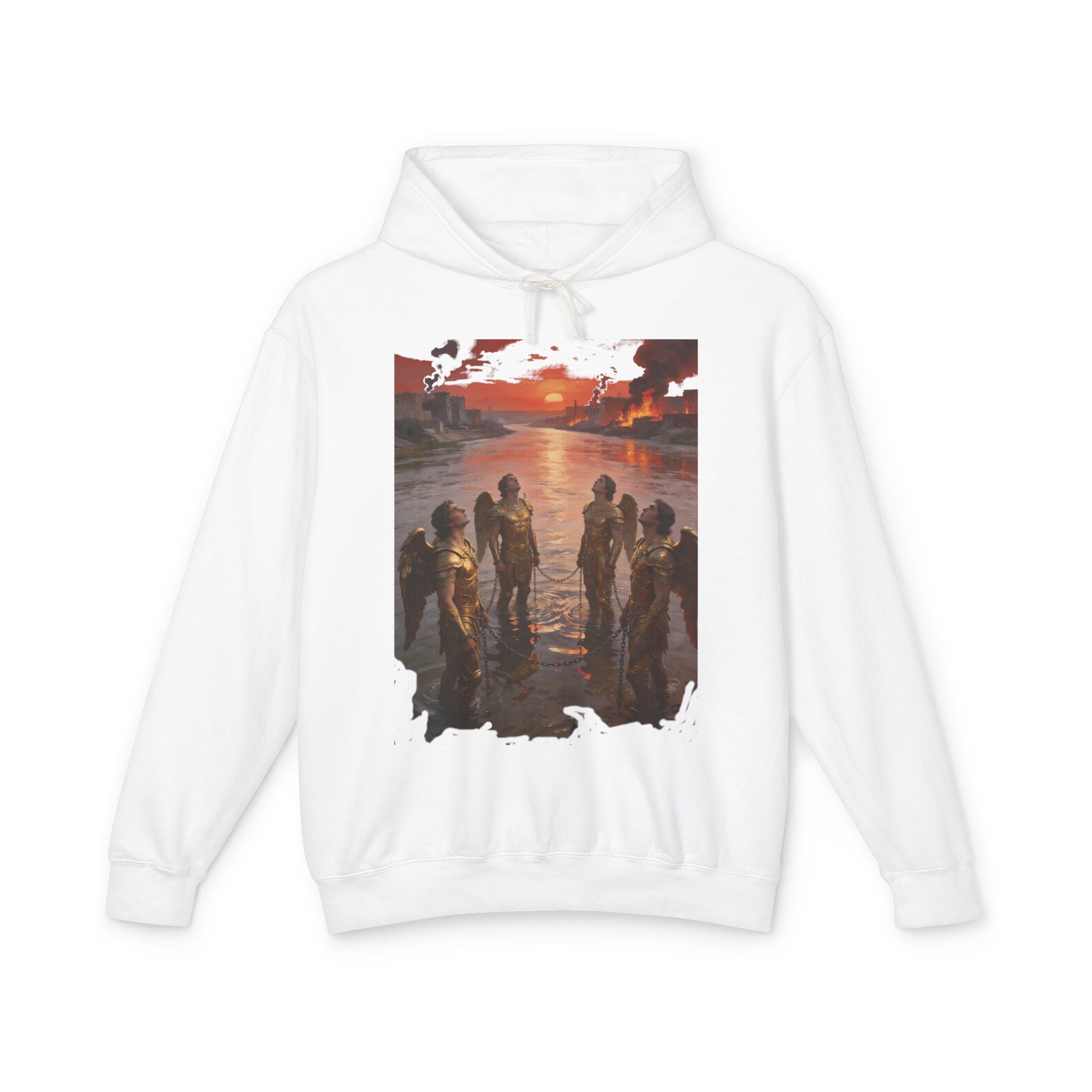 Revelation 9 reveals four fallen angels bound in the Euphrates River  Crew Hooded Sweatshirt
