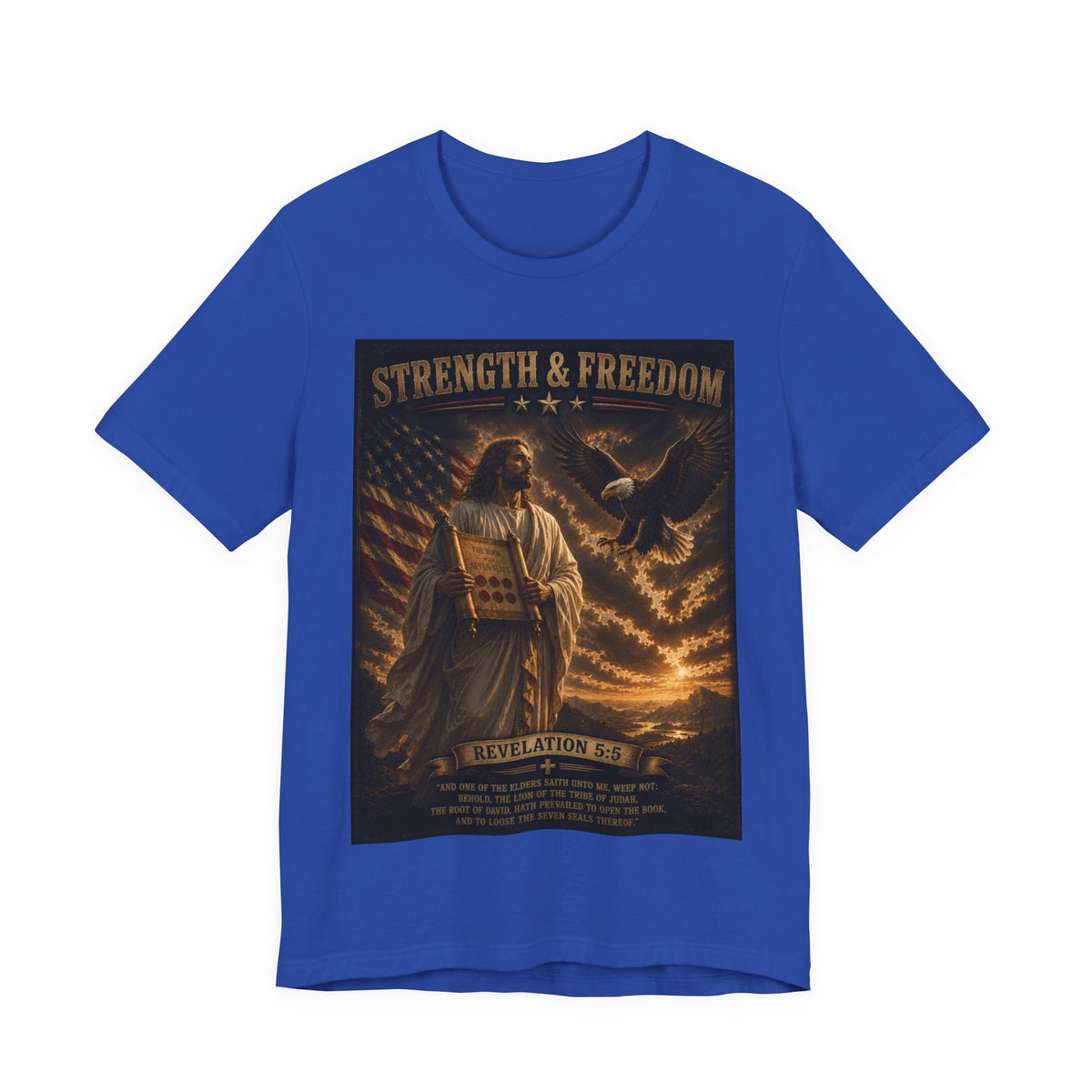 Strength & Freedom T-Shirt — Jesus with Tablets & Eagle, Revelation 20 Christian Tee