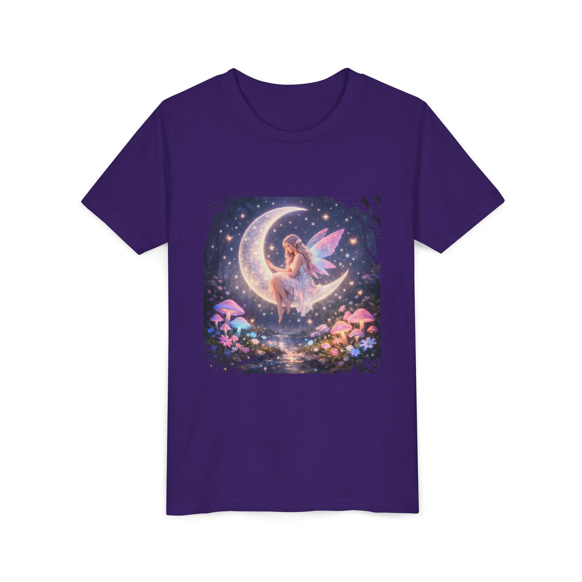 Youth Fairy Moon T-Shirt — Magical Fairy on Crescent Moon Tee for Kids