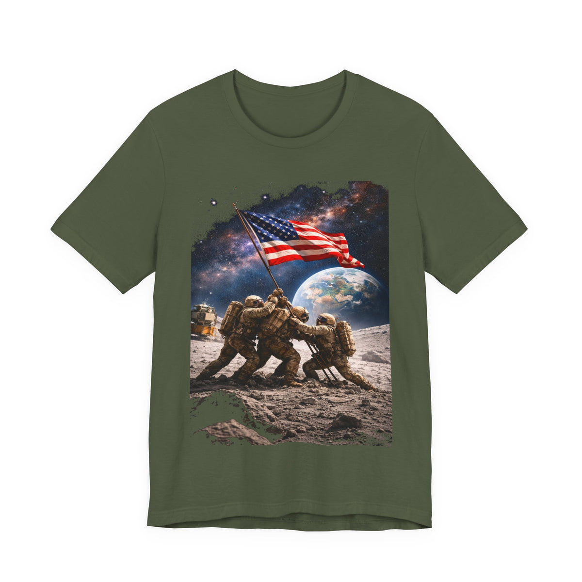 Patriotic Moon Landing Tee — Soldiers Raising American Flag Graphic T-Shirt