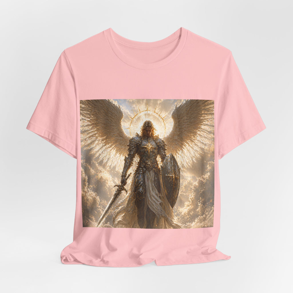 Archangel Warrior Graphic Tee — Golden Angel with Sword & Shield