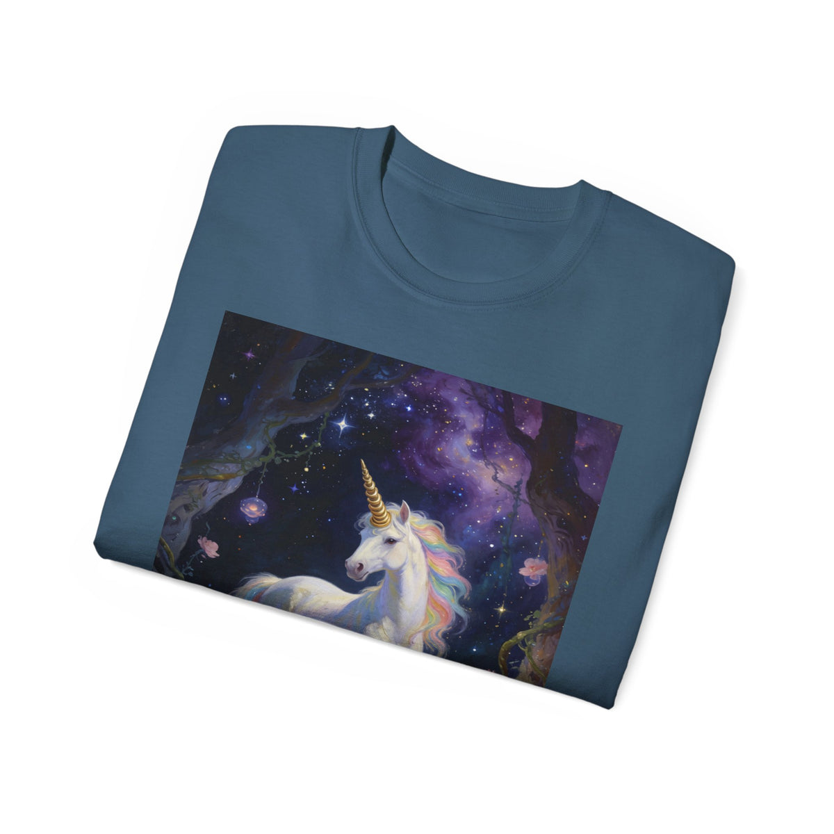 Unicorn Fantasy Cotton T‑Shirt — Enchanted Night Forest Graphic Tee
