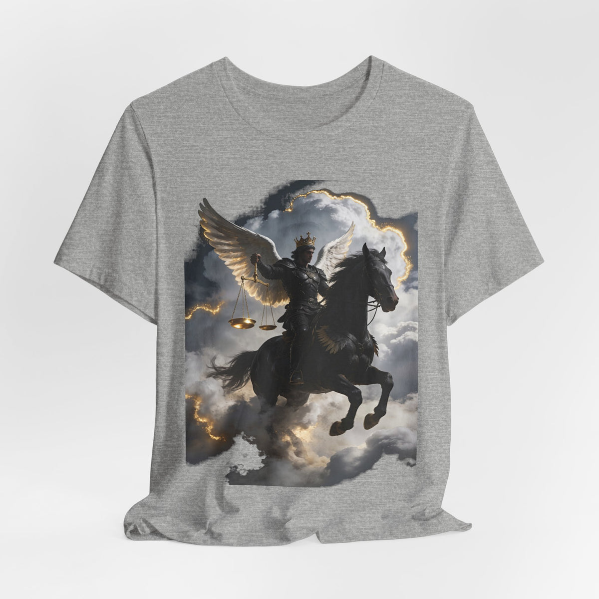 Revelation 6:5-6! And on the horse was a rider with wings as an angle dress as an warrior in black holding a golden a pair of scalesT‑Shirt — Winged Knight Graphic Tee
