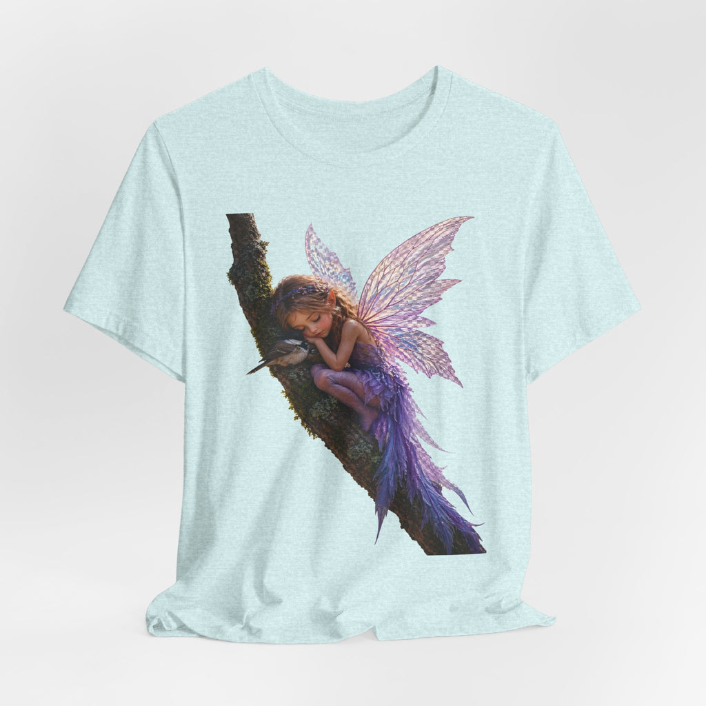 Fairy Sleeping on Branch T-Shirt — Magical Purple Fairy Tee for Women & Girls