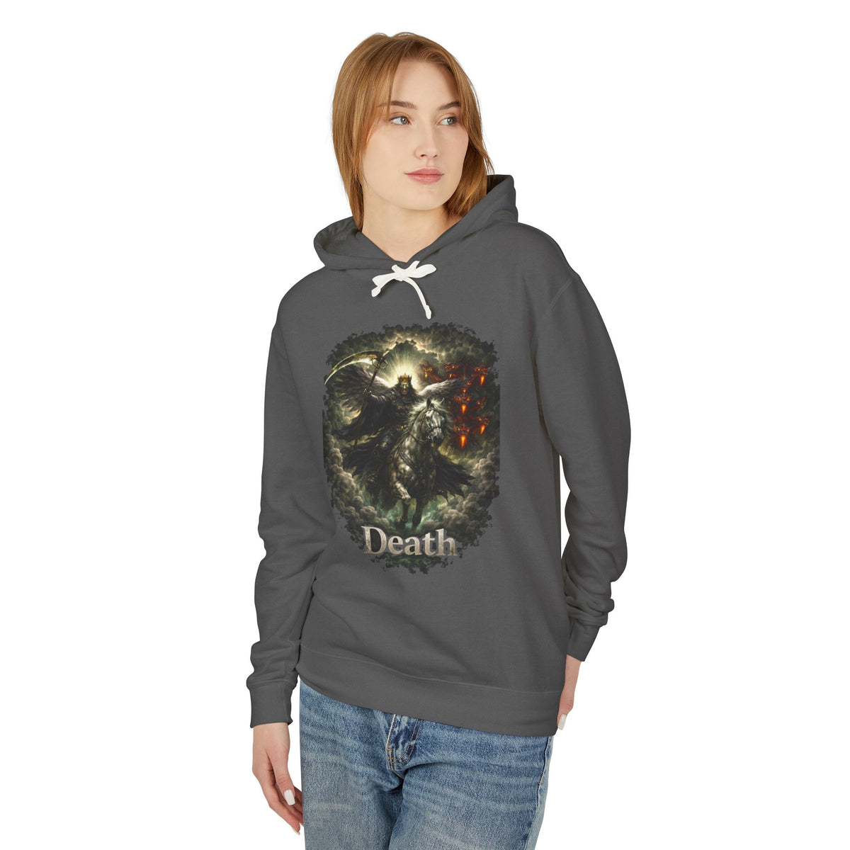 Revelation 6:7-8! And on the Pale horse was a rider  as an angle dress as death and he wore a crown !Death Reaper Graphic Hoodie — Gothic Dark Fantasy Pullover