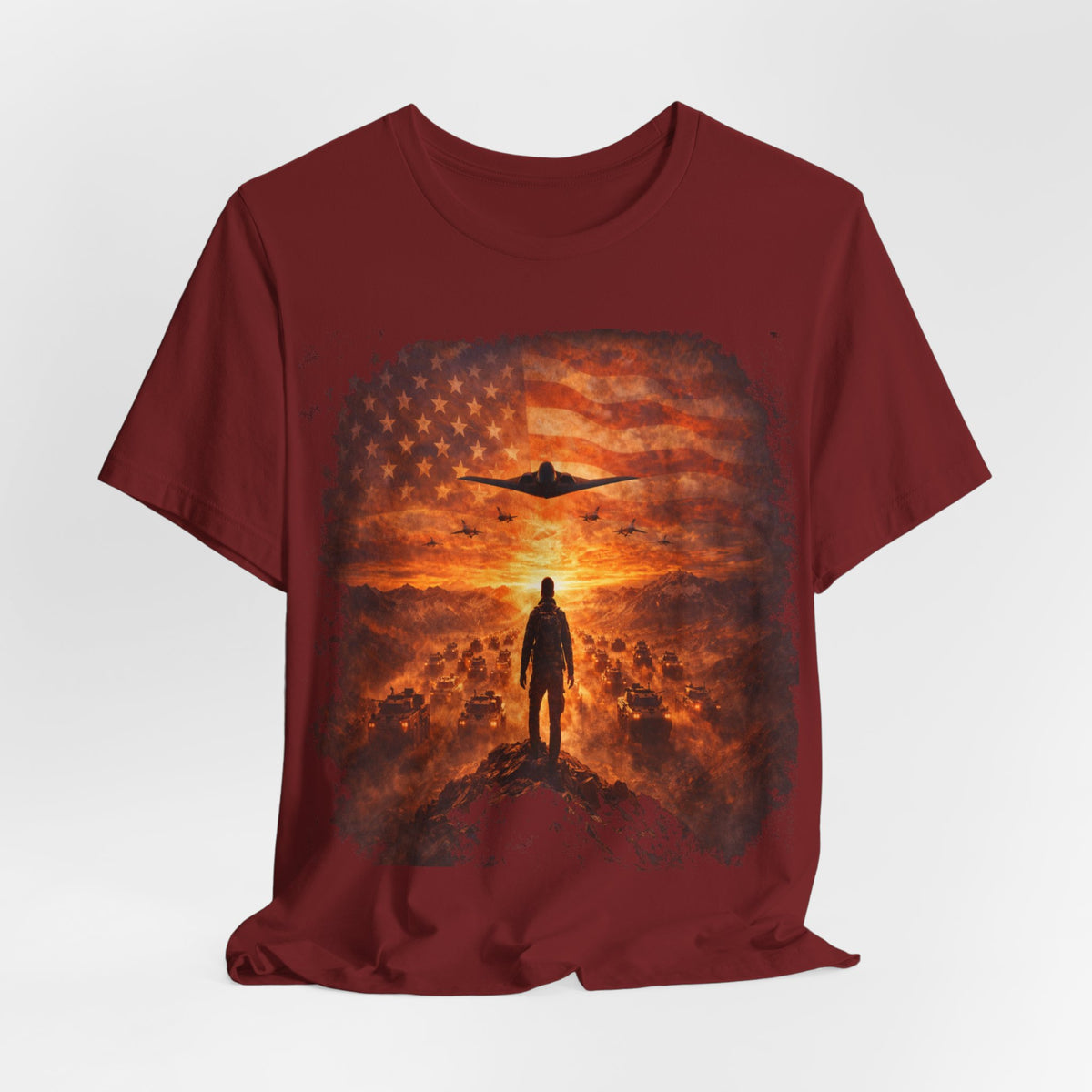 USA-Military Aviation T-Shirt — Bomber Silhouette with American Flag Sunset