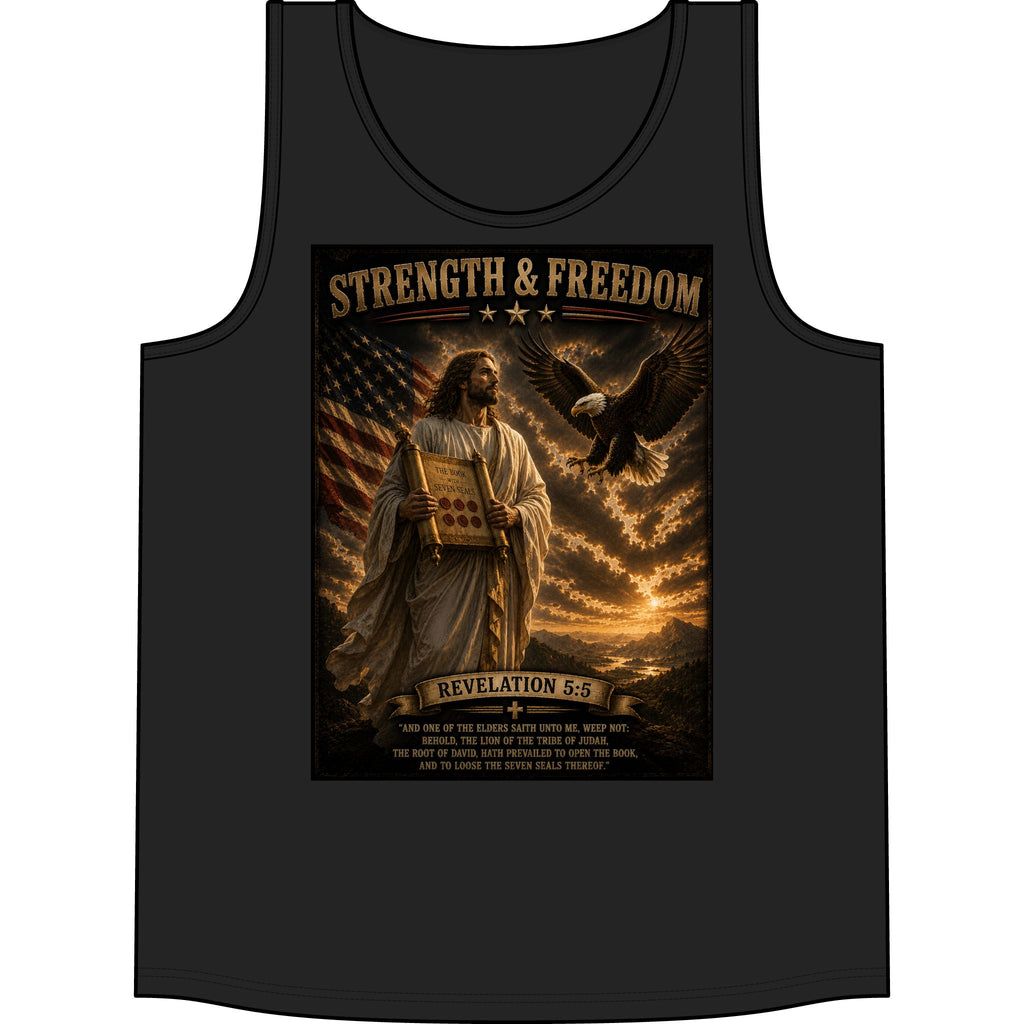 Strength & Freedom Tank Top – Jesus, American Flag & Eagle Revelation 5:6 Graphic