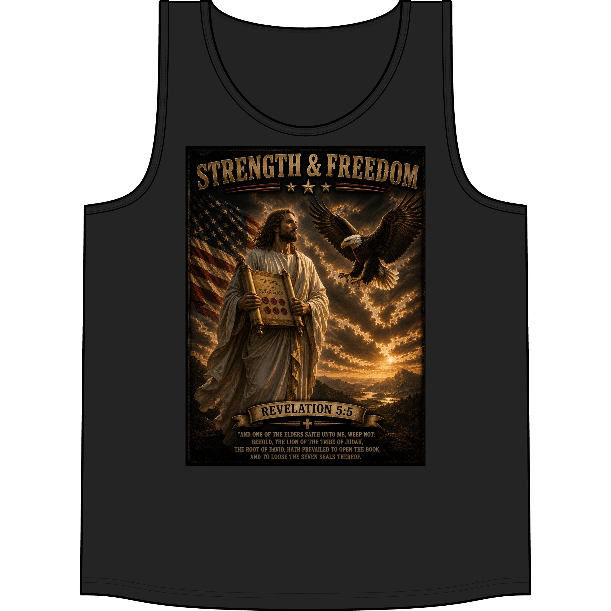 Strength & Freedom Tank Top – Jesus, American Flag & Eagle Revelation 5:6 Graphic