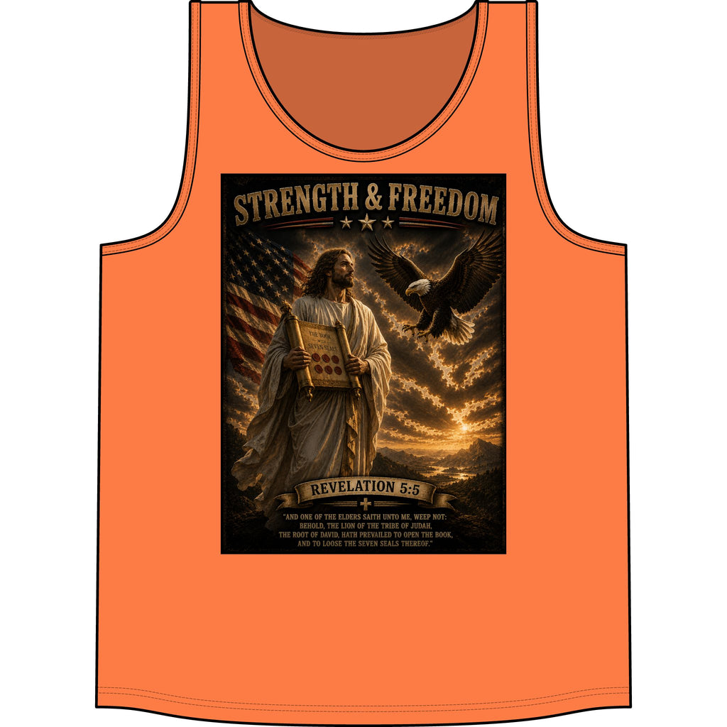 Strength & Freedom Tank Top – Jesus, American Flag & Eagle Revelation 5:6 Graphic