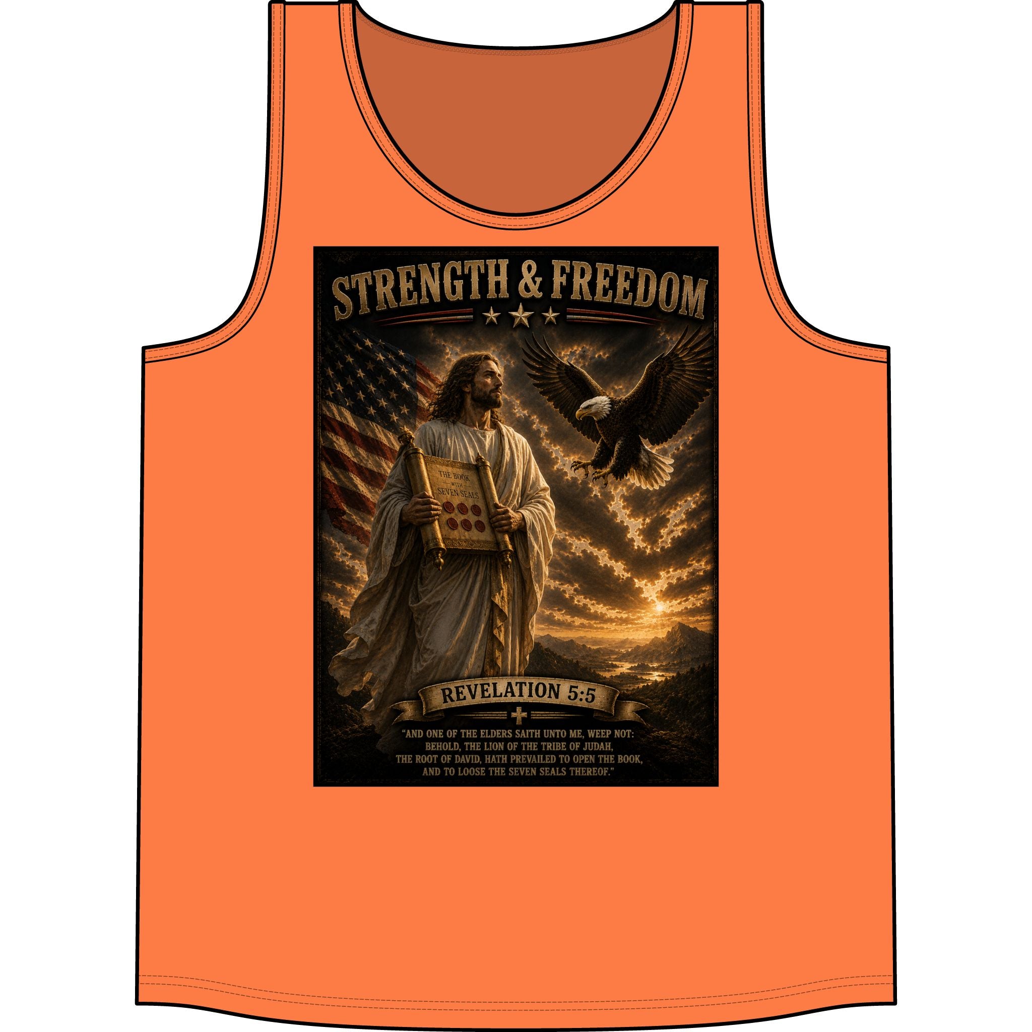 Strength & Freedom Tank Top – Jesus, American Flag & Eagle Revelation 5:6 Graphic