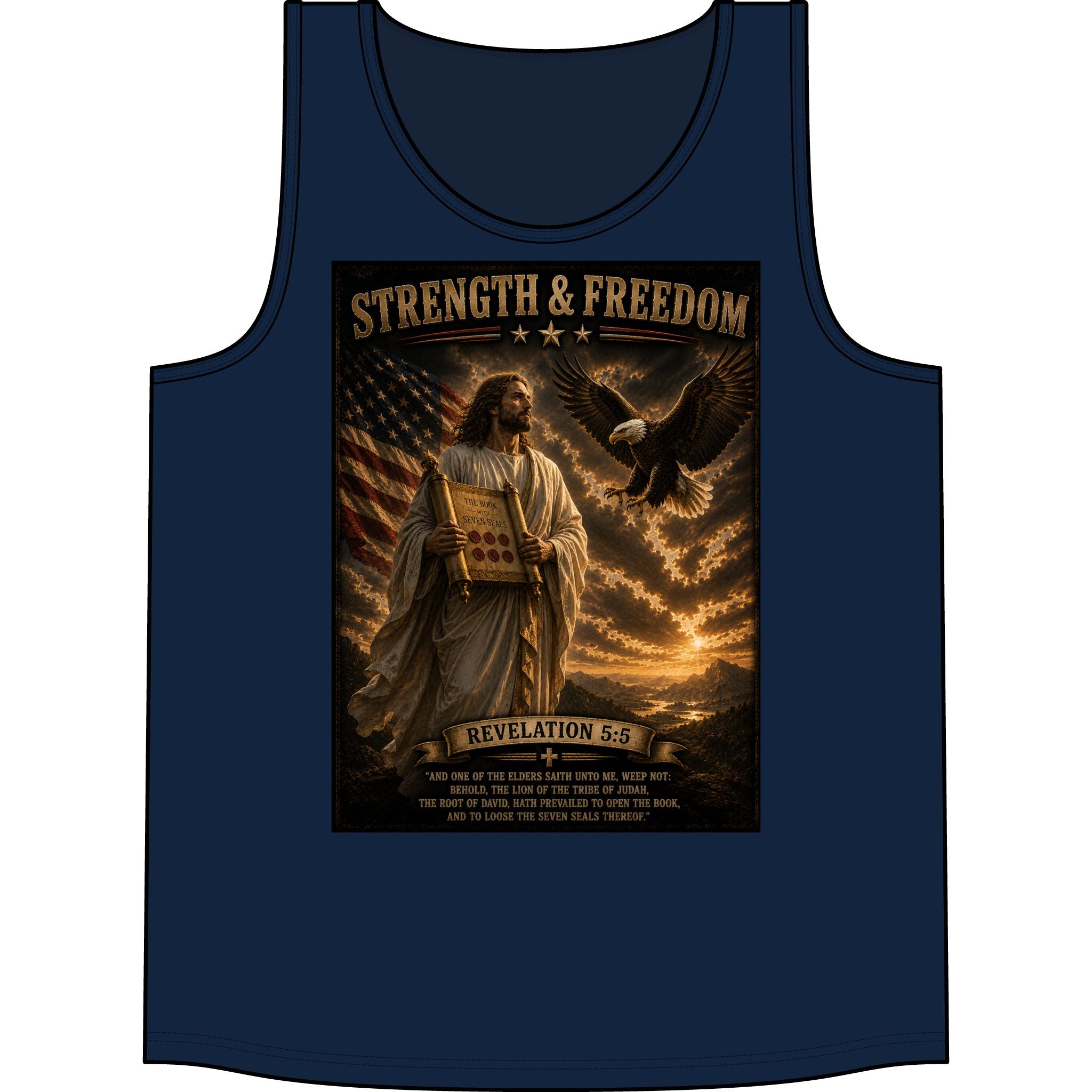Strength & Freedom Tank Top – Jesus, American Flag & Eagle Revelation 5:6 Graphic