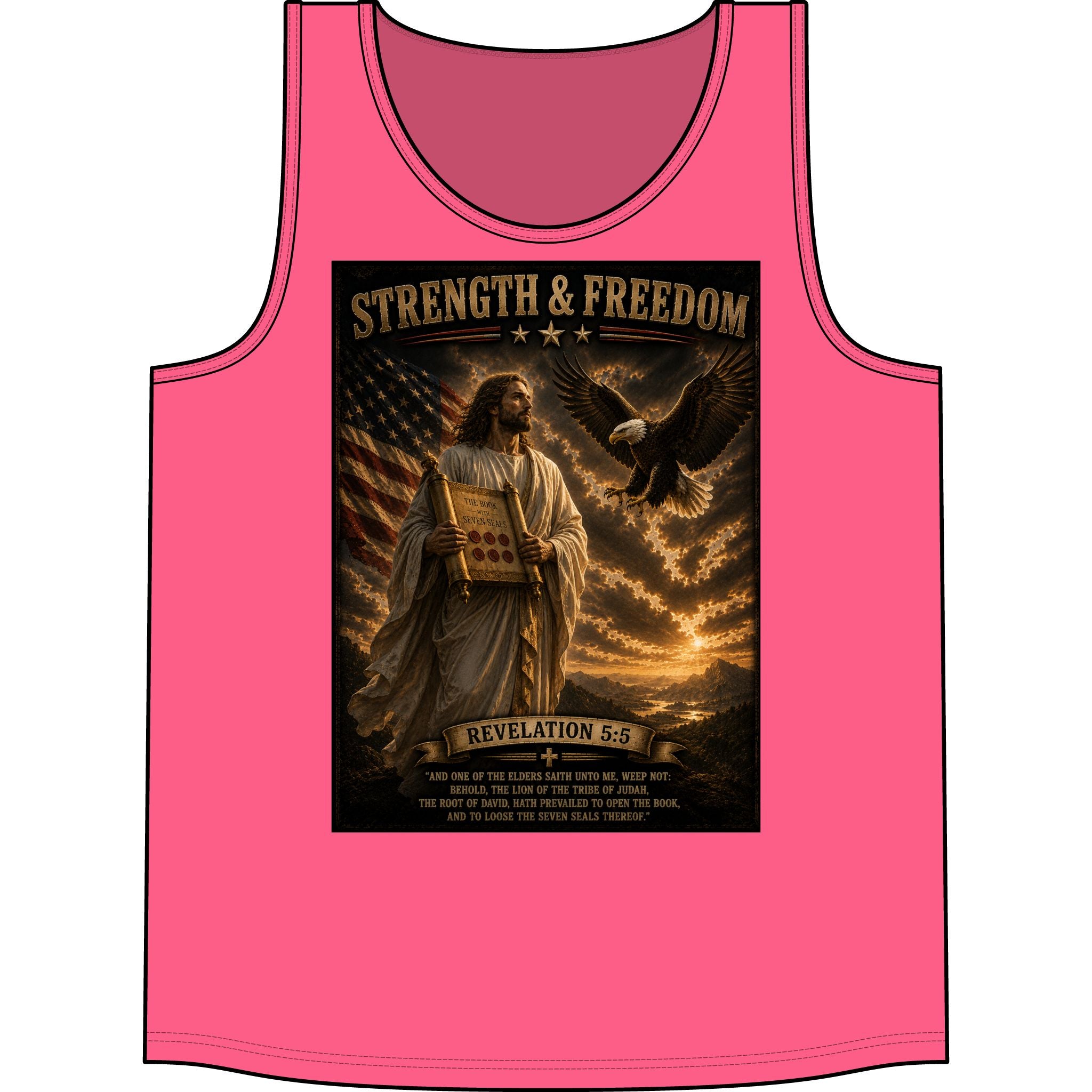 Strength & Freedom Tank Top – Jesus, American Flag & Eagle Revelation 5:6 Graphic