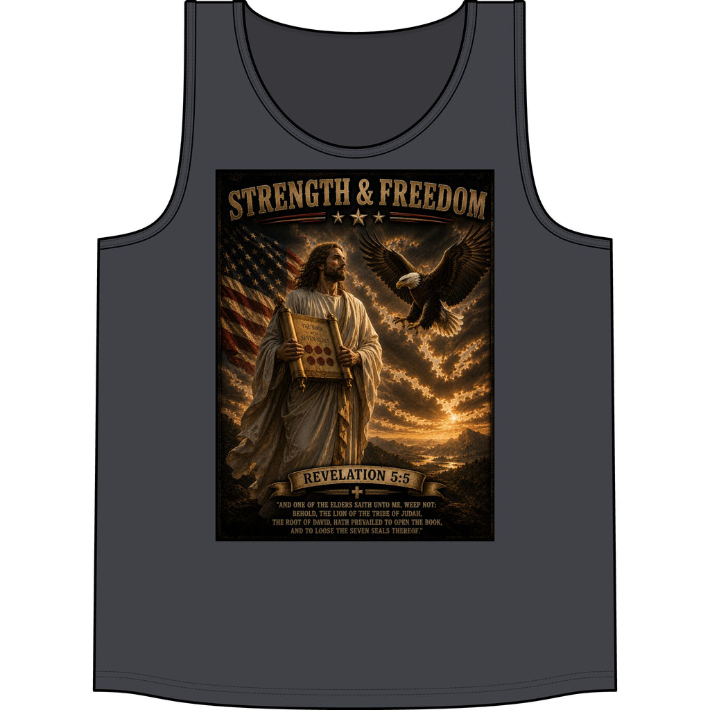 Strength & Freedom Tank Top – Jesus, American Flag & Eagle Revelation 5:6 Graphic