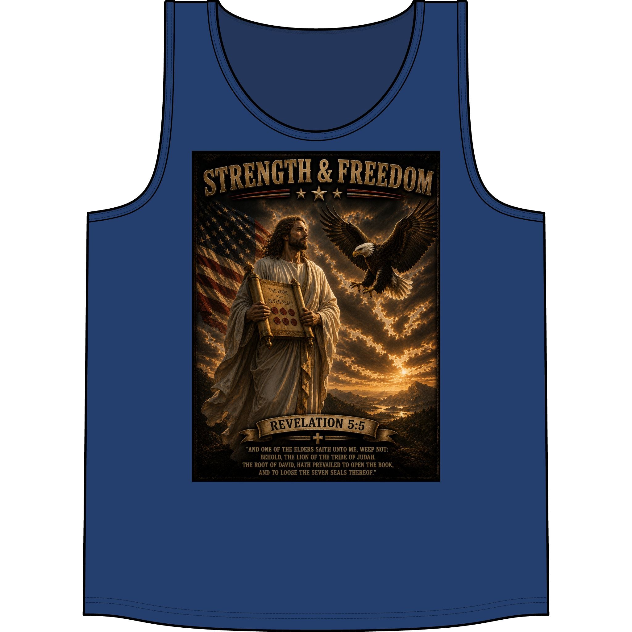 Strength & Freedom Tank Top – Jesus, American Flag & Eagle Revelation 5:6 Graphic