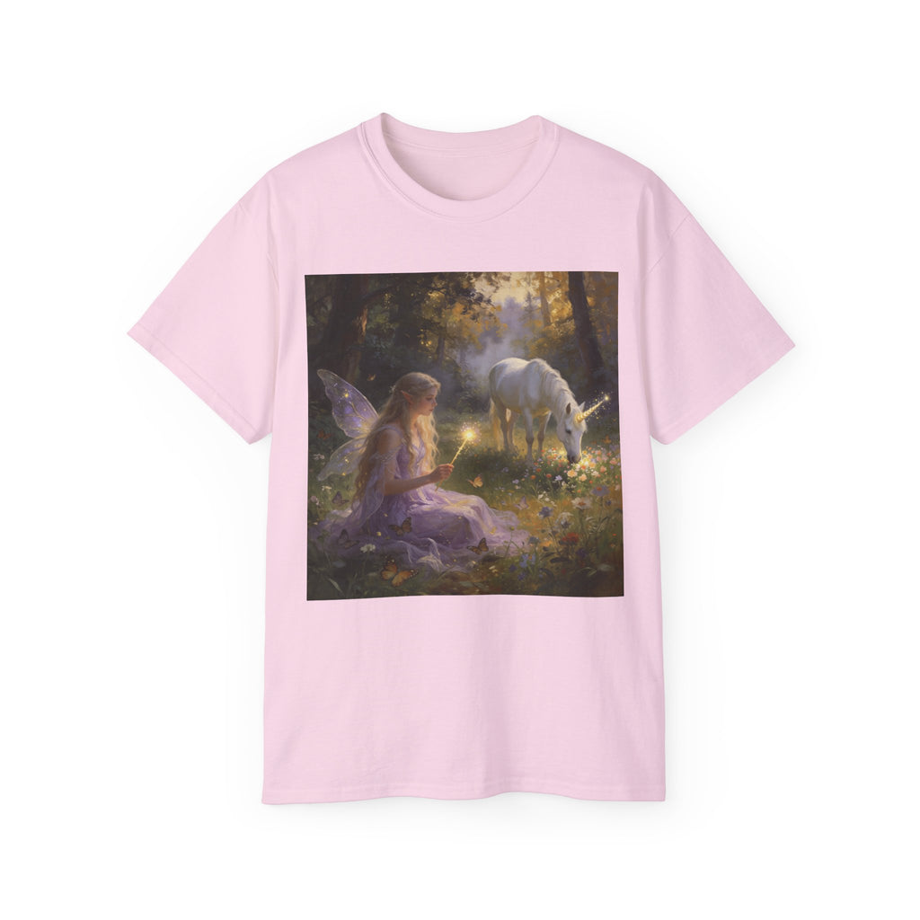 Fairy and Unicorn Cotton Forest Tee — Enchanted Fantasy Graphic T‑Shirt