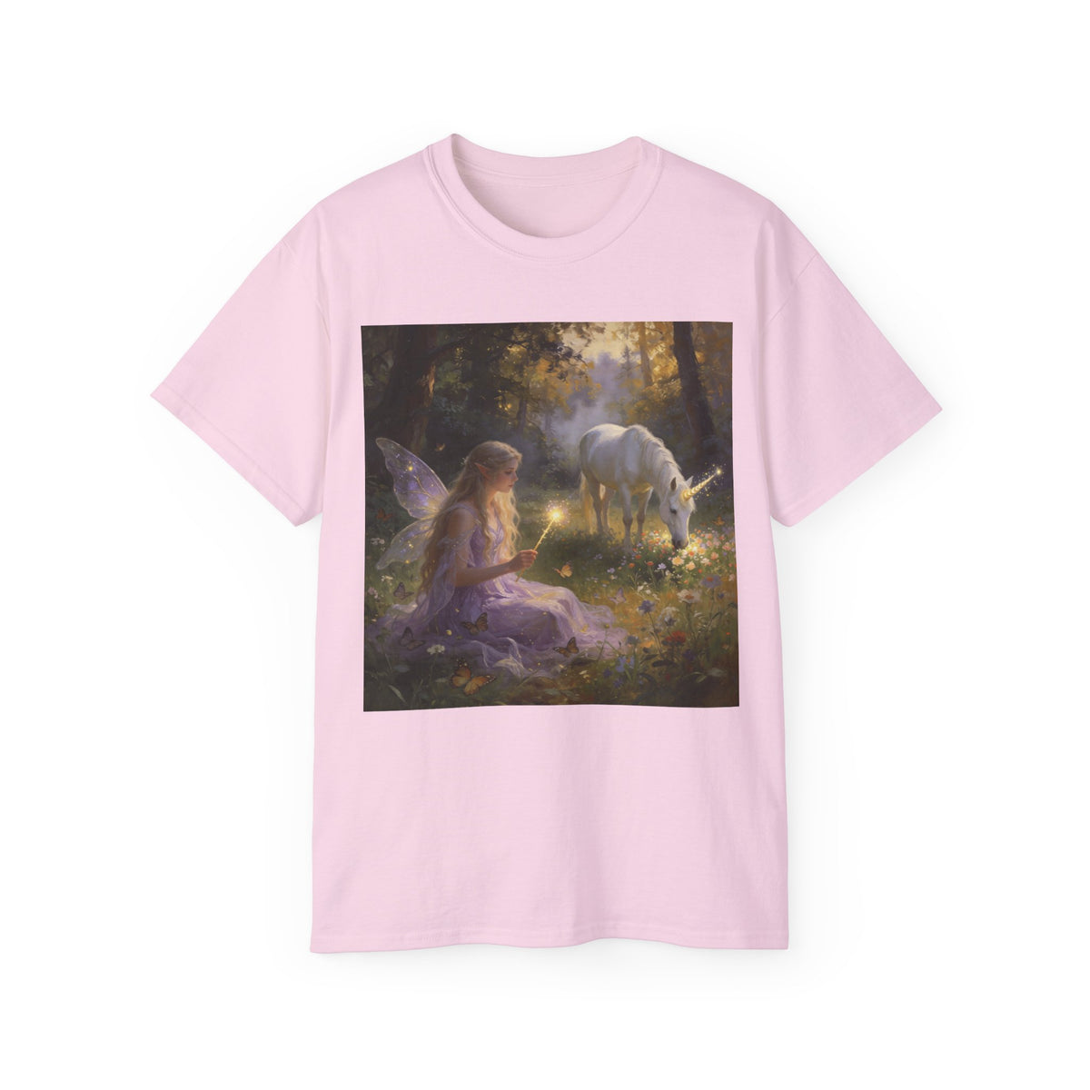 Fairy and Unicorn Cotton Forest Tee — Enchanted Fantasy Graphic T‑Shirt