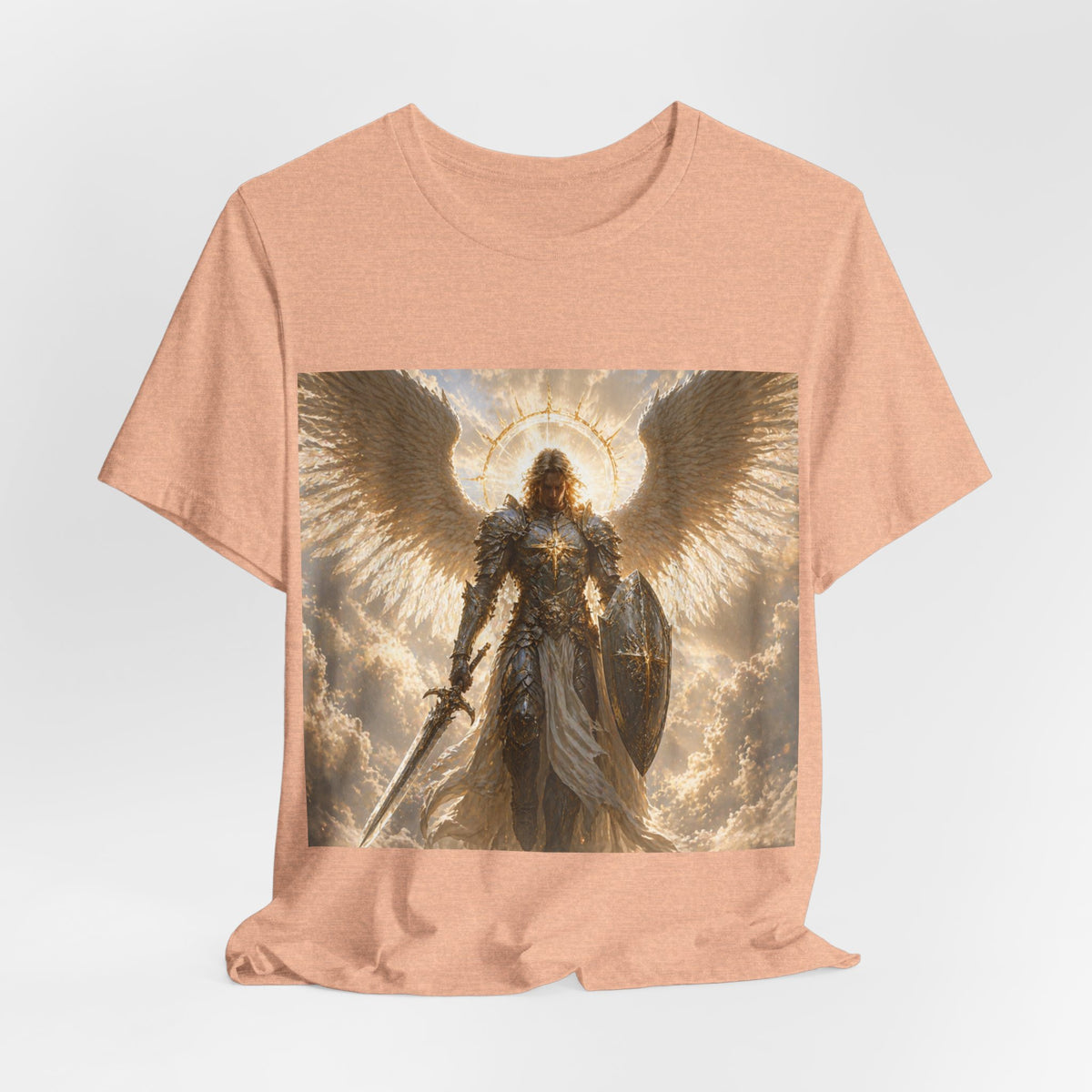 Archangel Warrior Graphic Tee — Golden Angel with Sword & Shield