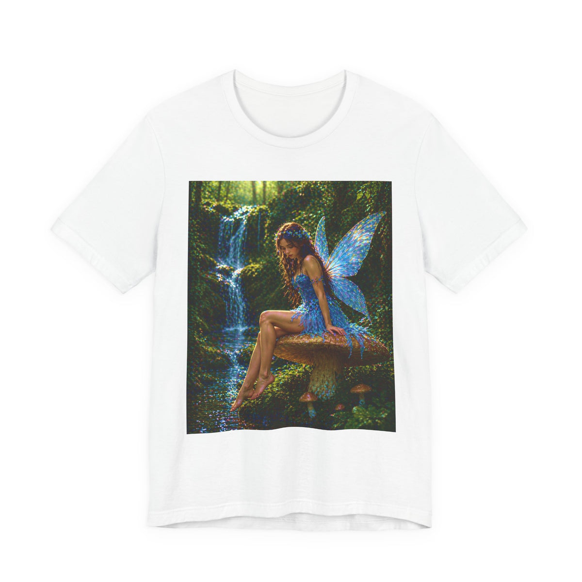Fairy Forest T-Shirt — Enchanted Blue Fairy Sitting by Waterfall