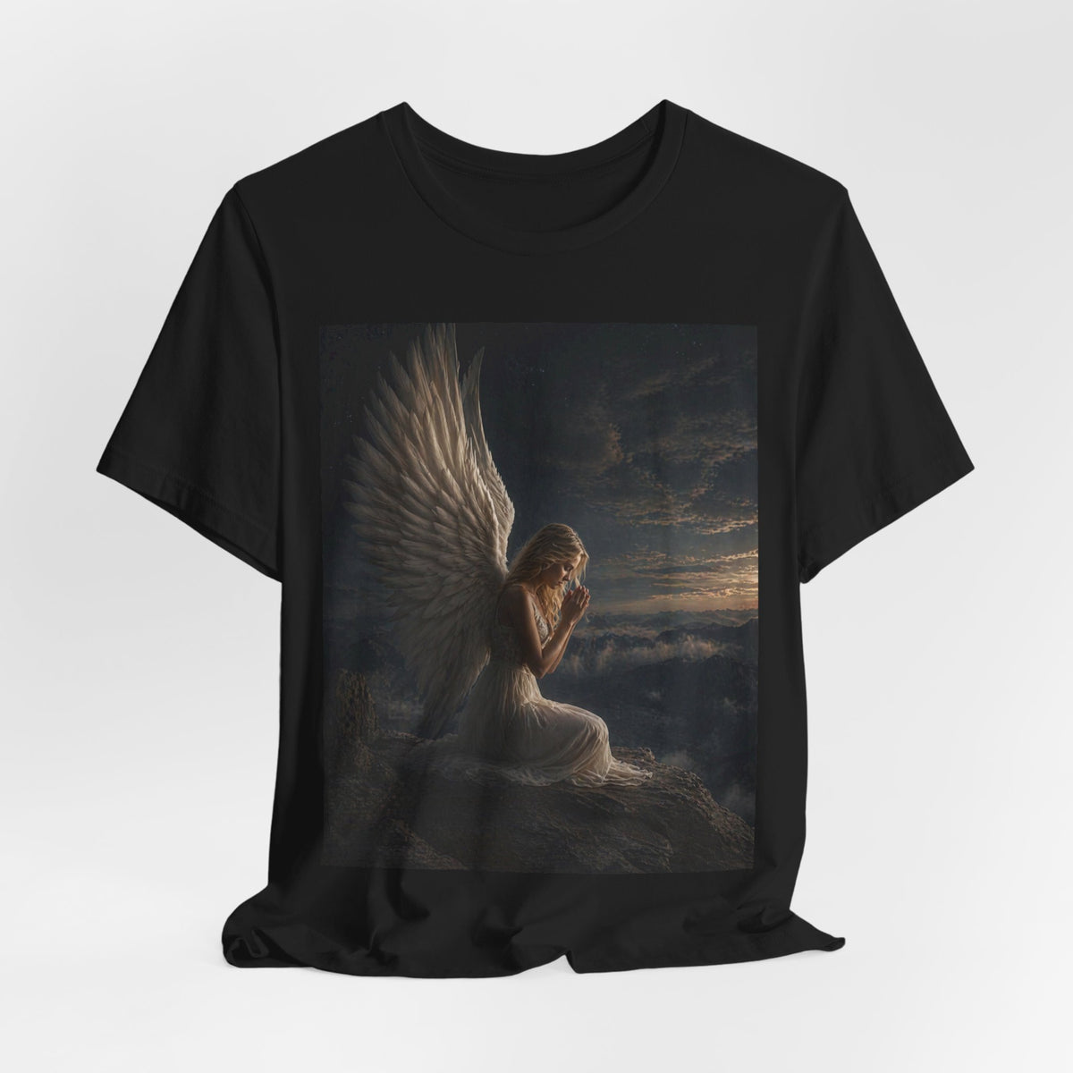 Angel Prayer Graphic Tee — Serene Winged Angel Shirt for Spiritual & Memorial Comfort