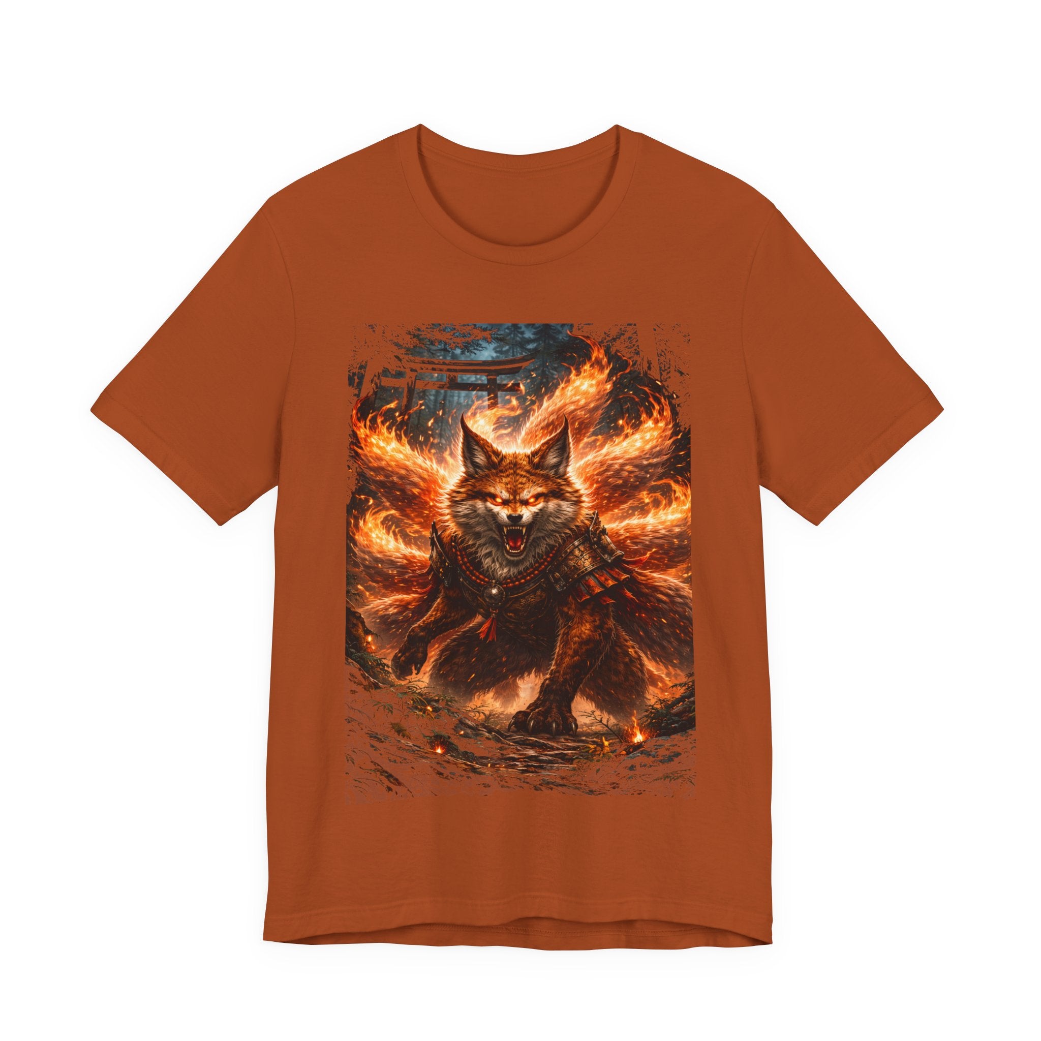 Fiery Nine-Tailed Fox Graphic Tee – Mythic Kitsune Flame Shirt
